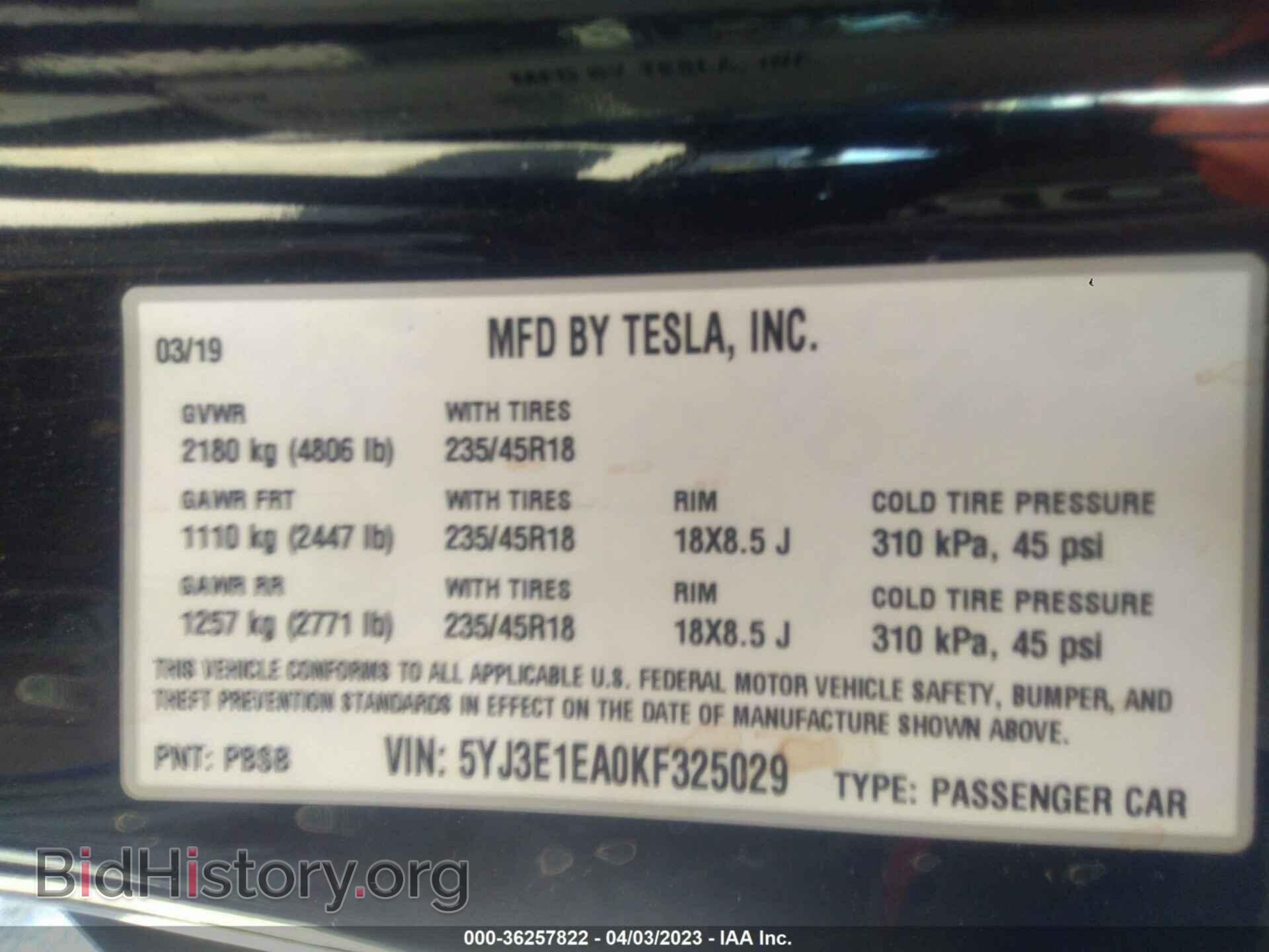 2019 TESLA MODEL 3 - VIN: 5YJ3E1EA0KF325029 - Фото 9