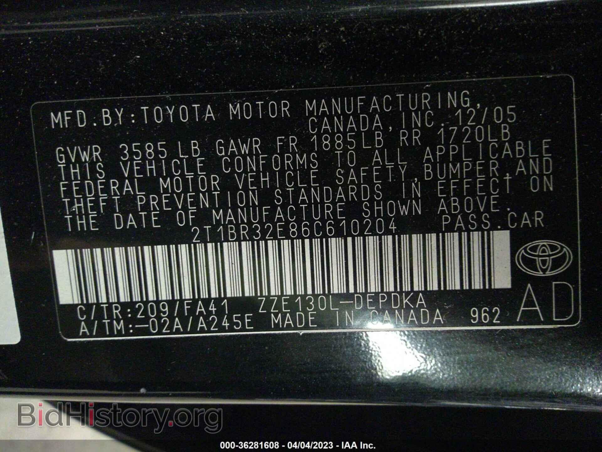 2006 TOYOTA COROLLA - VIN: 2T1BR32E86C610204 - Фото 9