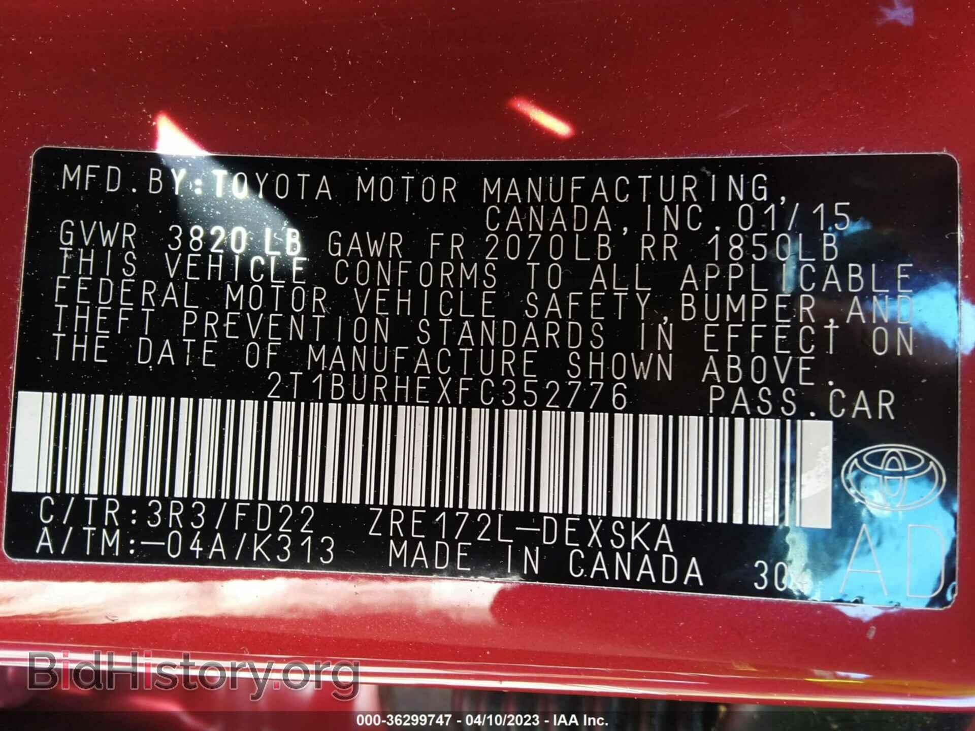 2015 TOYOTA COROLLA - VIN: 2T1BURHEXFC352776 - Фото 9