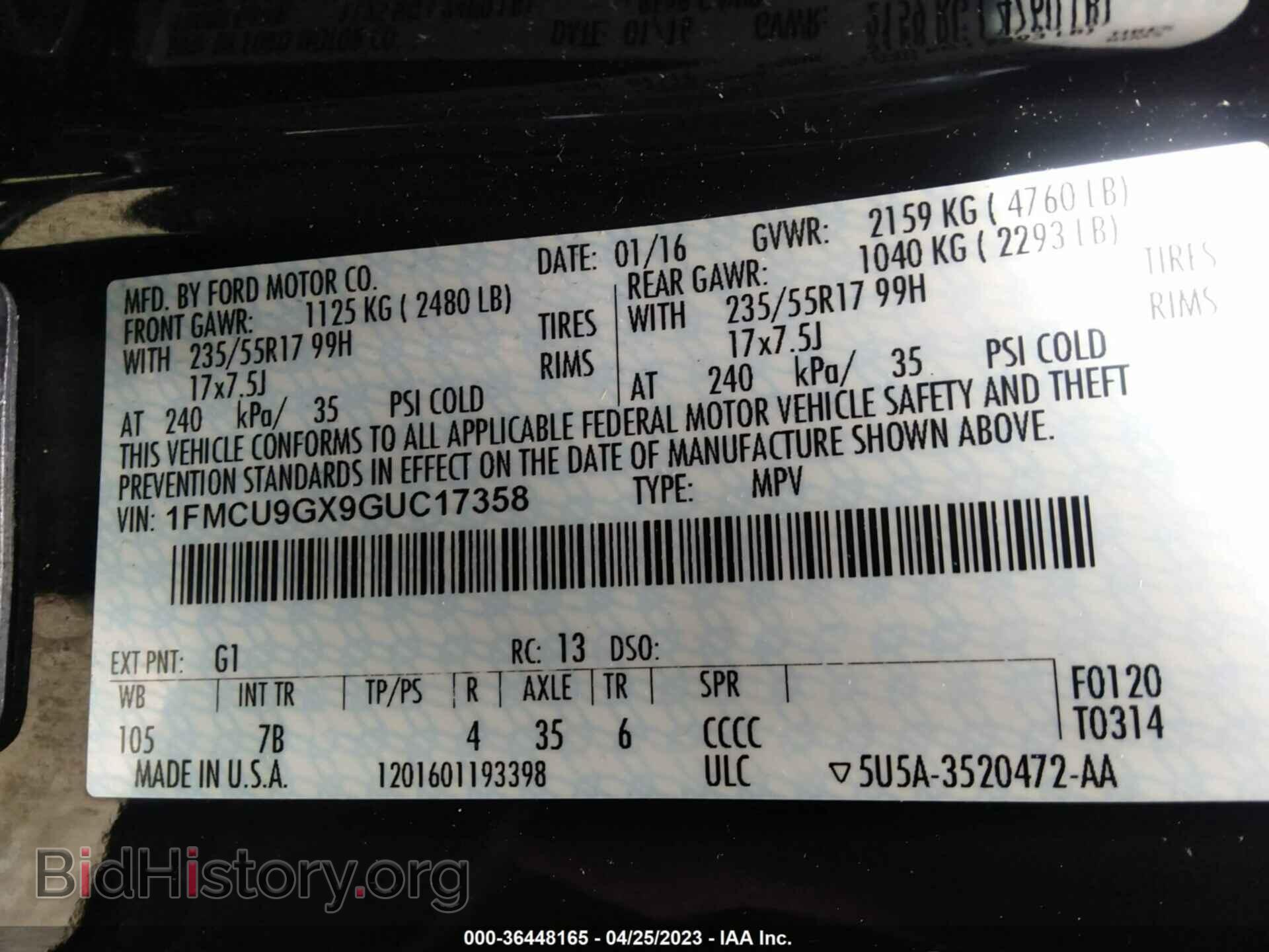 2016 FORD ESCAPE - VIN: 1FMCU9GX9GUC17358 - Photo 9