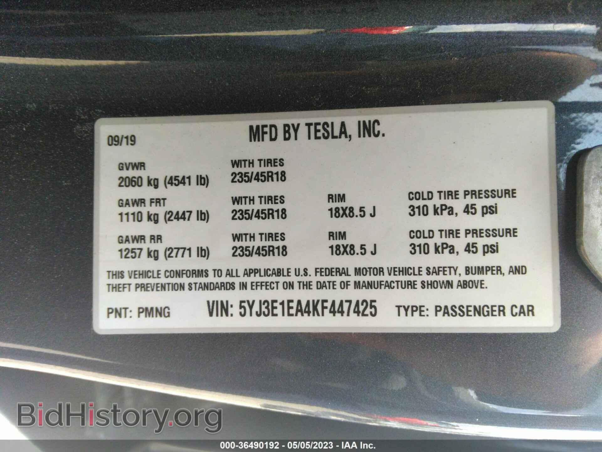 2019 TESLA MODEL 3 - VIN: 5YJ3E1EA4KF447425 - Фото 9