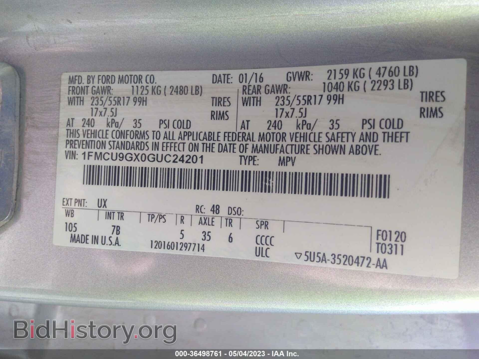 2016 FORD ESCAPE - VIN: 1FMCU9GX0GUC24201 - Photo 9