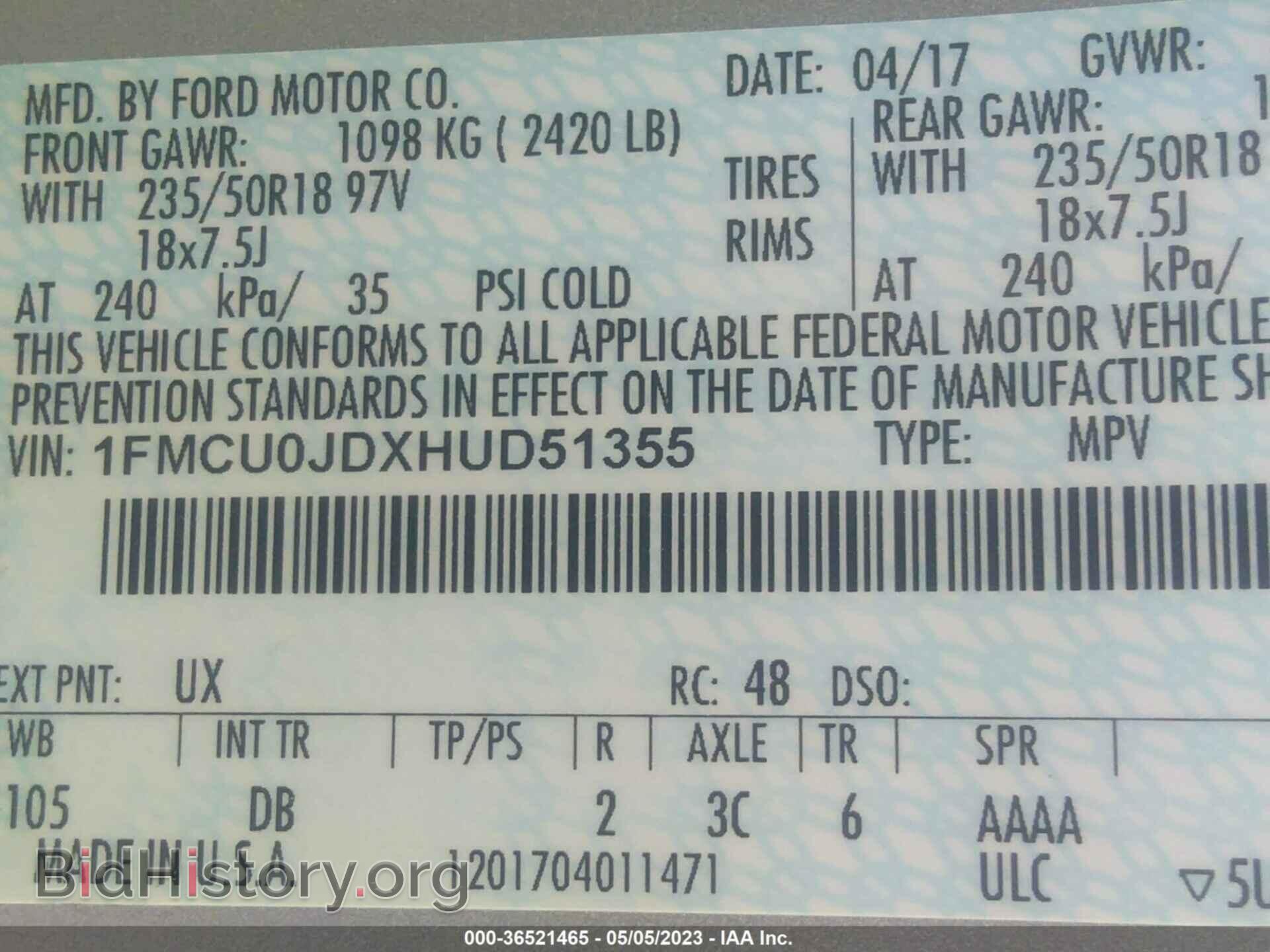 2017 FORD ESCAPE - VIN: 1FMCU0JDXHUD51355 - Photo 9