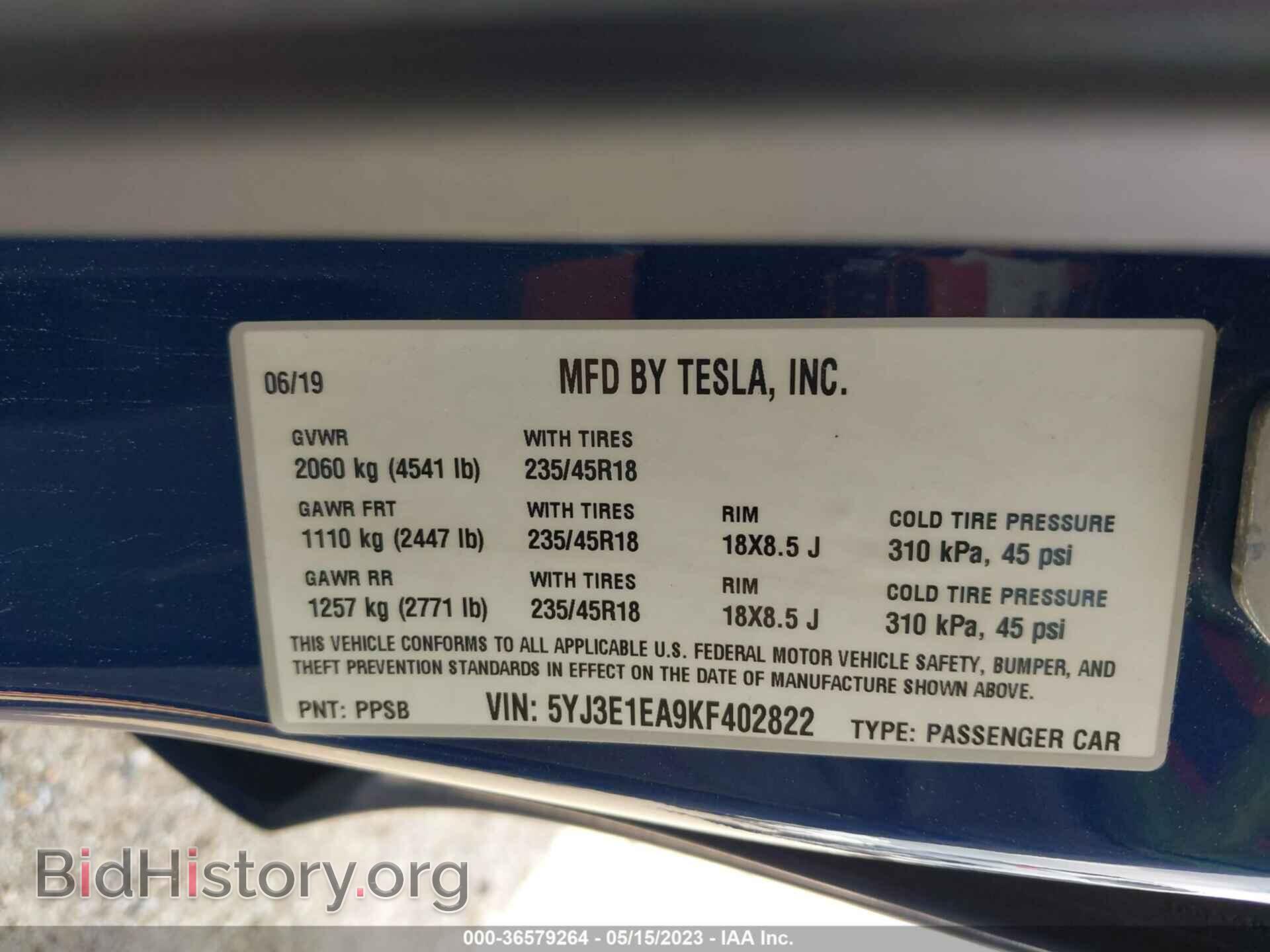2019 TESLA MODEL 3 - VIN: 5YJ3E1EA9KF402822 - Фото 9