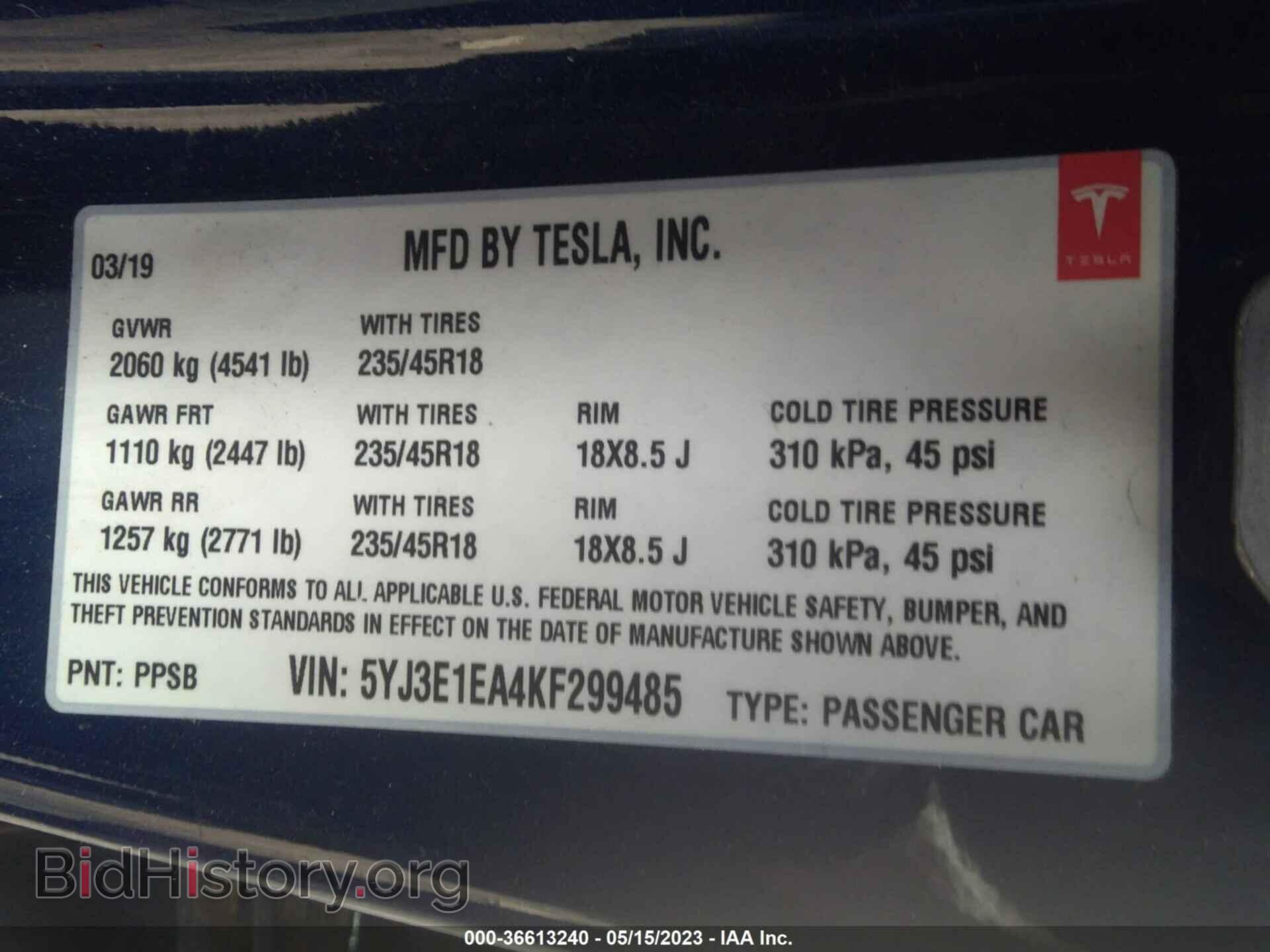 2019 TESLA MODEL 3 - VIN: 5YJ3E1EA4KF299485 - Фото 9