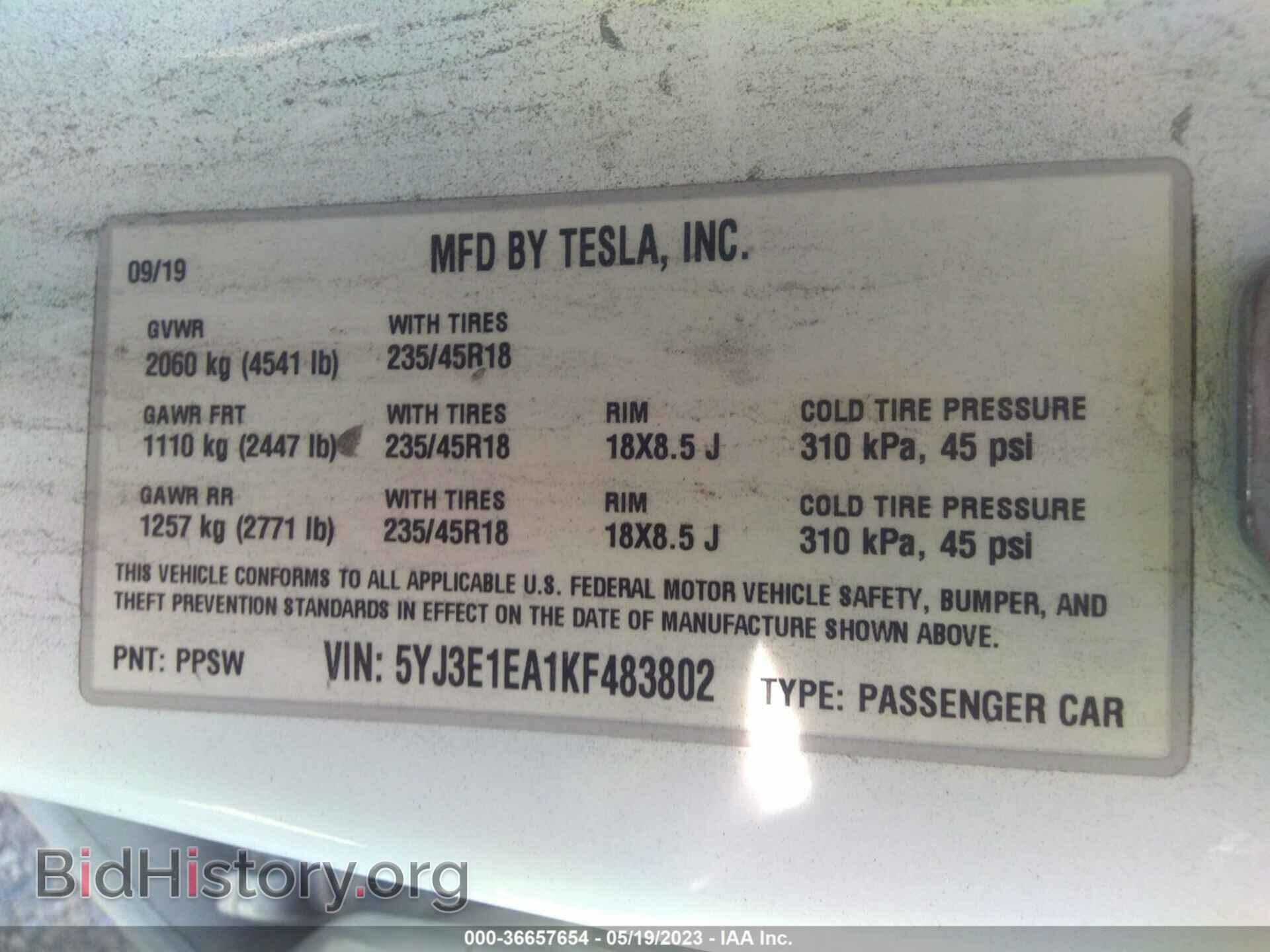 2019 TESLA MODEL 3 - VIN: 5YJ3E1EA1KF483802 - Фото 9