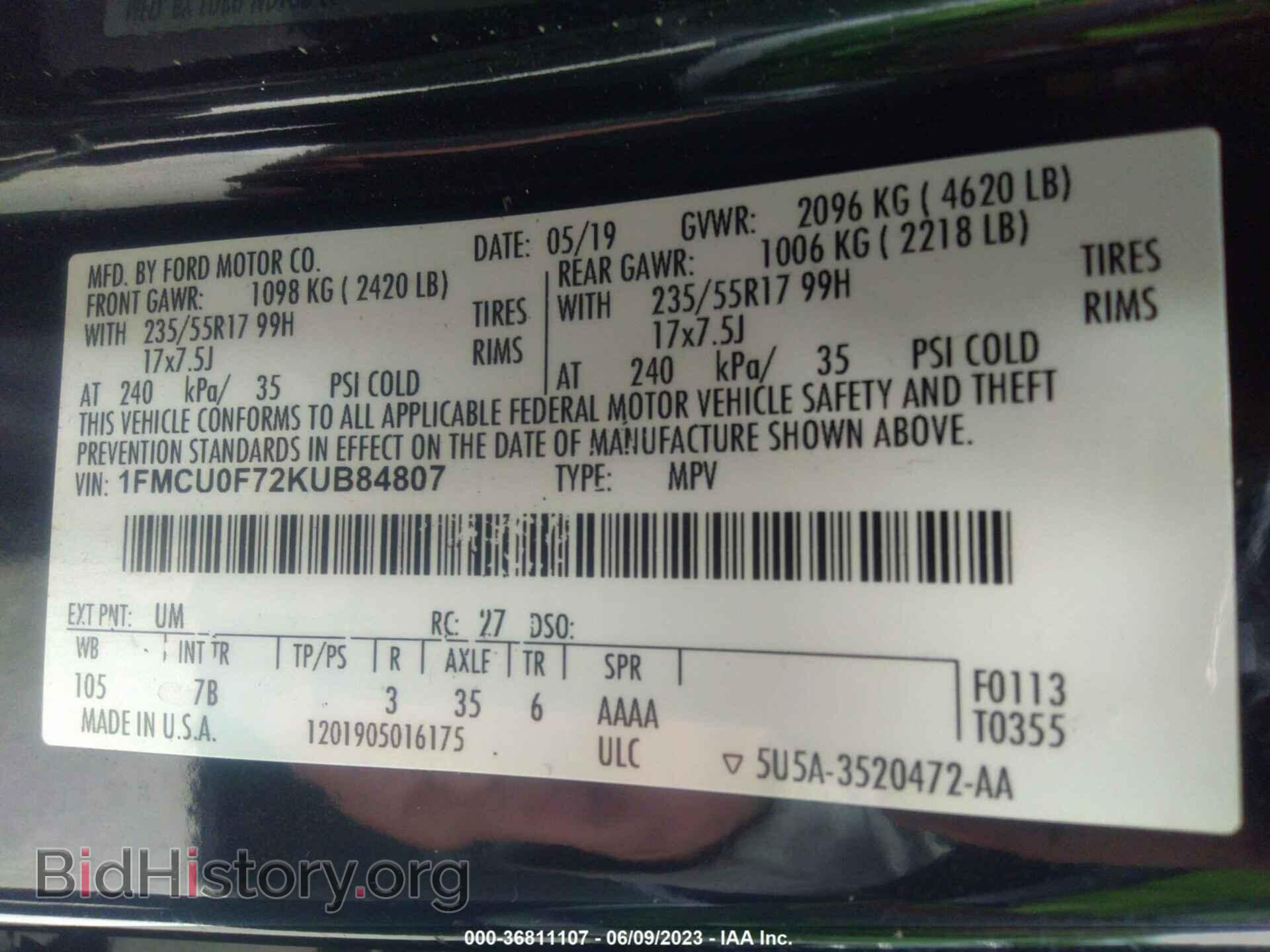 2019 FORD ESCAPE - VIN: 1FMCU0F72KUB84807 - Фото 9