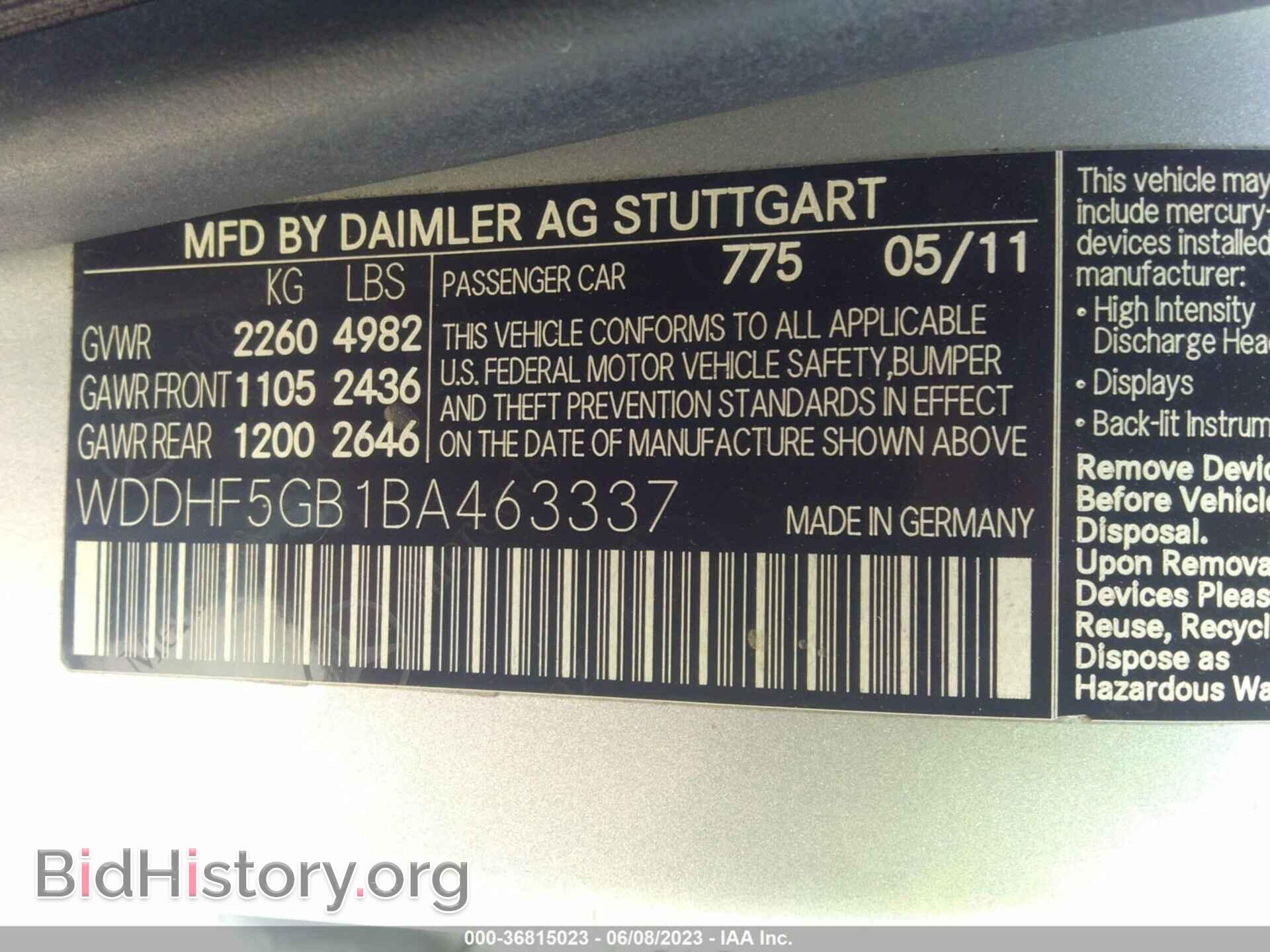 2011 MERCEDES-BENZ E-CLASS - VIN: WDDHF5GB1BA463337 - Фото 9