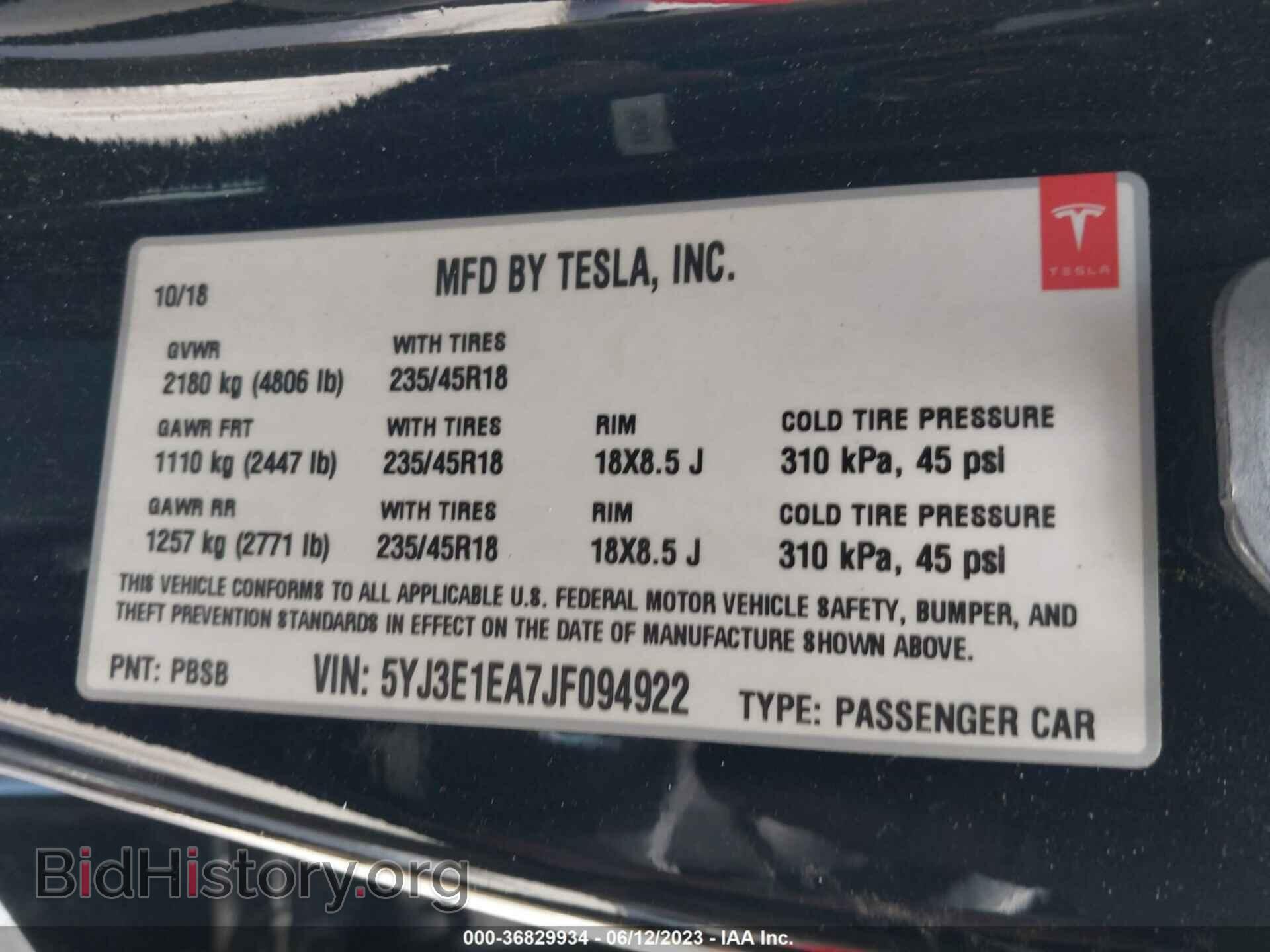 2018 TESLA MODEL 3 - VIN: 5YJ3E1EA7JF094922 - Фото 9