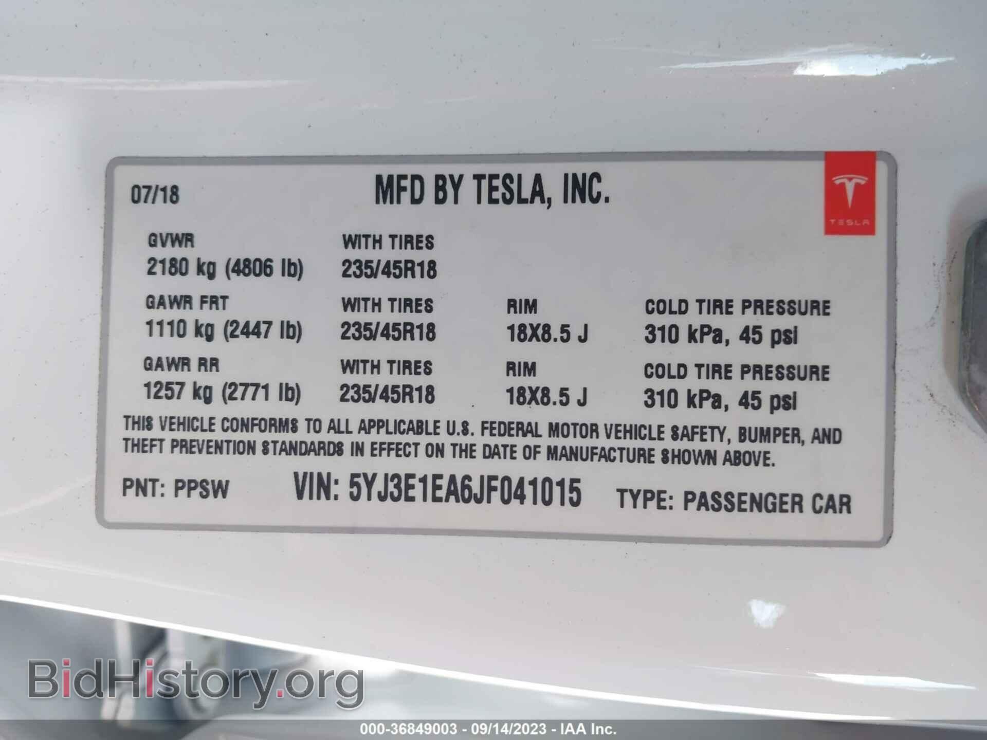2018 TESLA MODEL 3 - VIN: 5YJ3E1EA6JF041015 - Фото 9