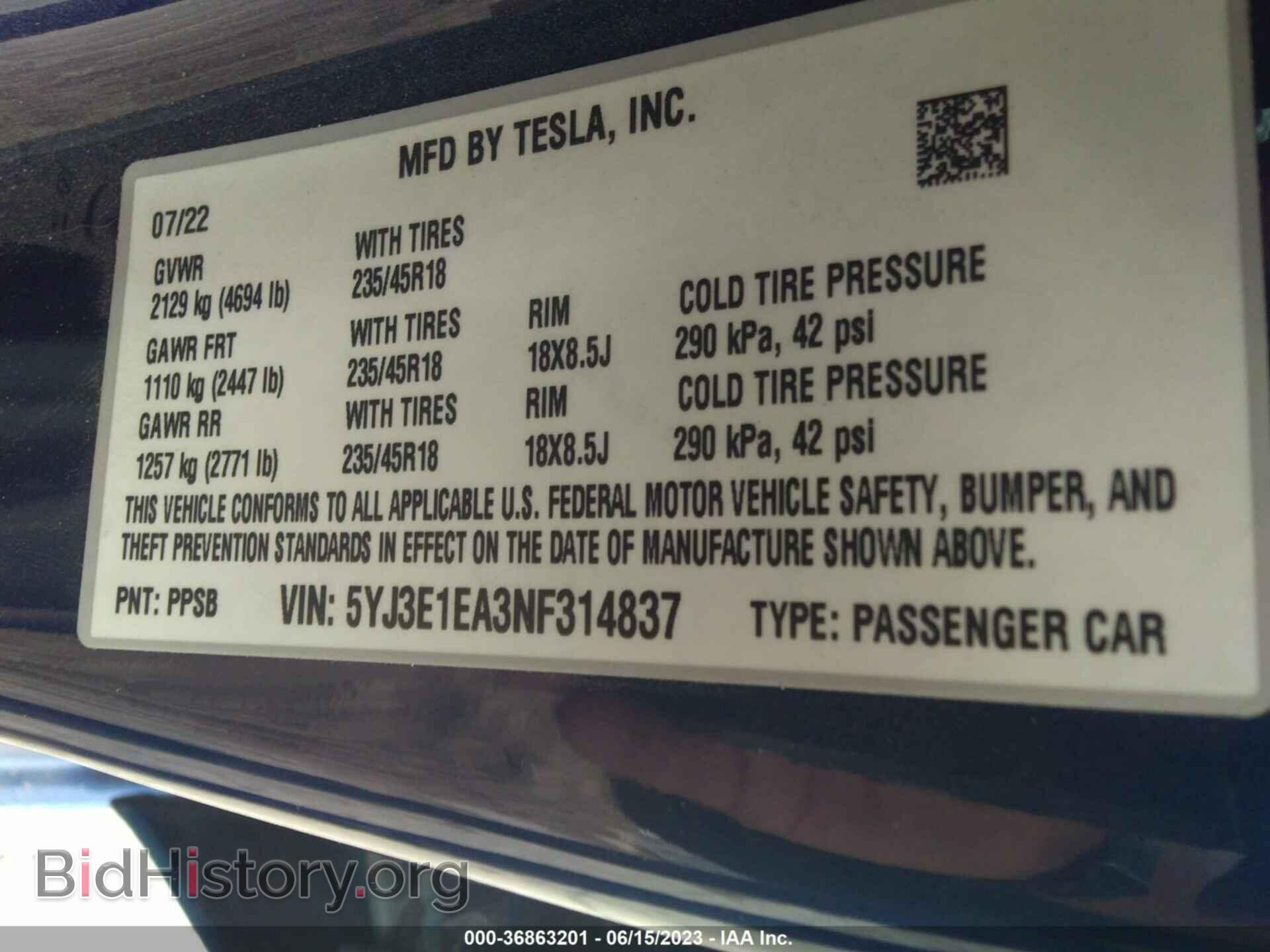 2022 TESLA MODEL 3 - VIN: 5YJ3E1EA3NF314837 - Фото 9