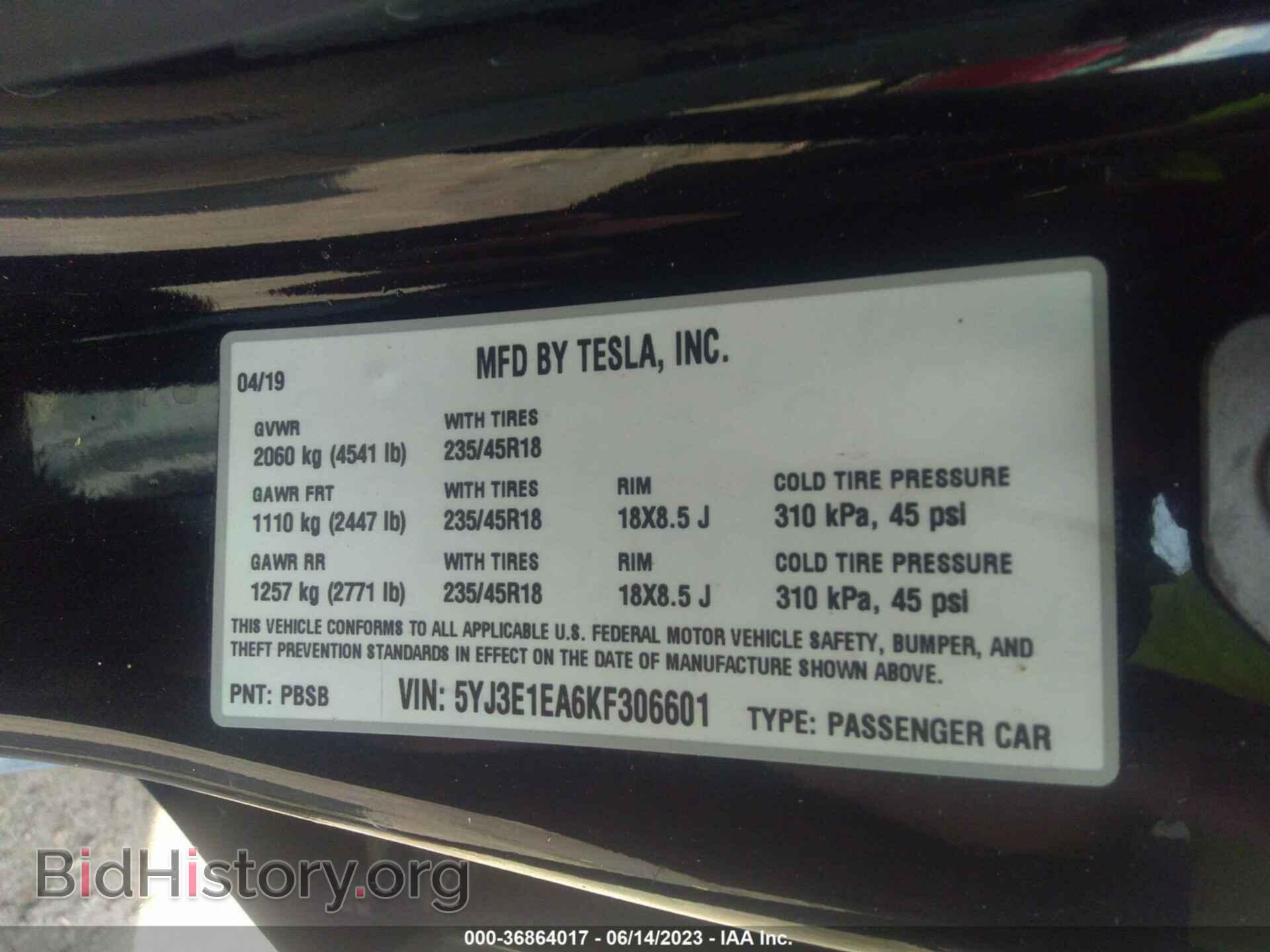 2019 TESLA MODEL 3 - VIN: 5YJ3E1EA6KF306601 - Фото 9