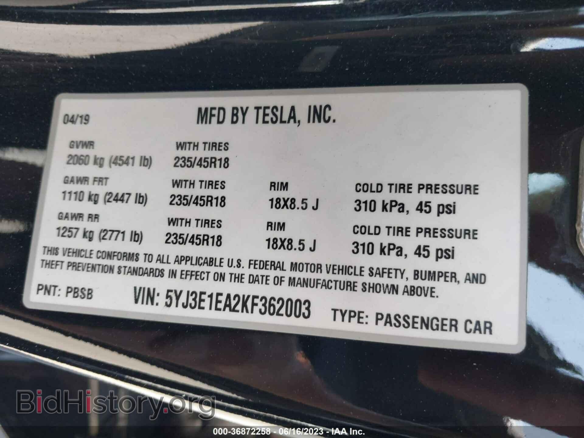 2019 TESLA MODEL 3 - VIN: 5YJ3E1EA2KF362003 - Фото 9