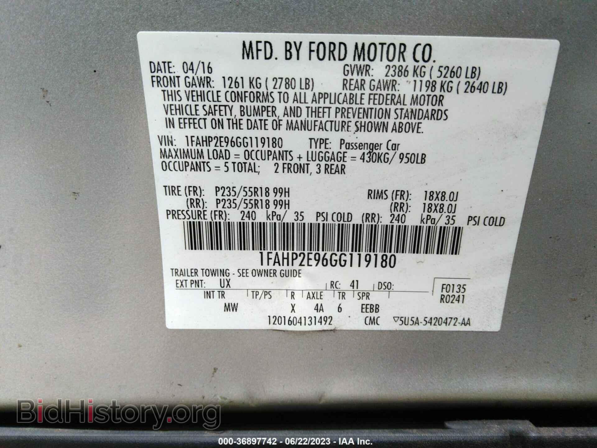 2016 FORD TAURUS - VIN: 1FAHP2E96GG119180 - Photo 9