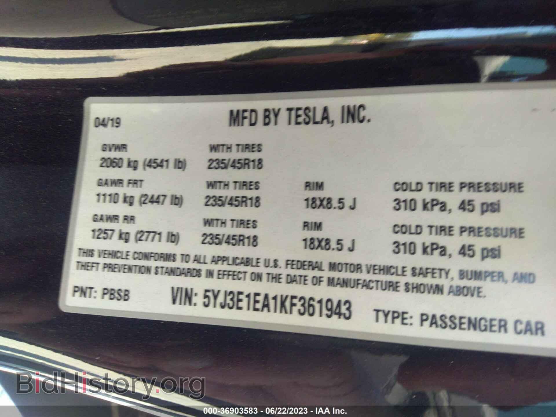 2019 TESLA MODEL 3 - VIN: 5YJ3E1EA1KF361943 - Фото 9