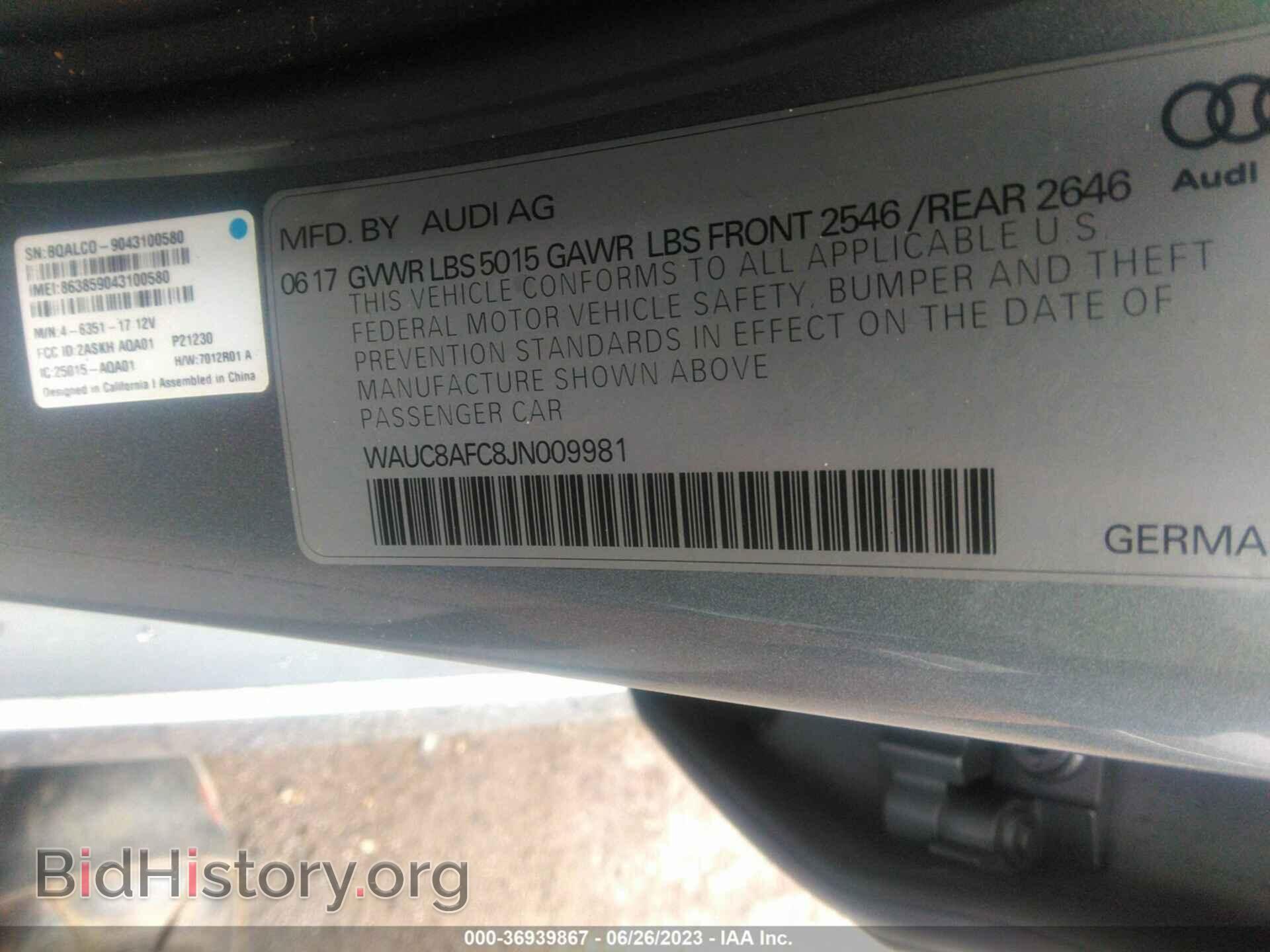 2018 AUDI A6 - VIN: WAUC8AFC8JN009981 - Фото 9