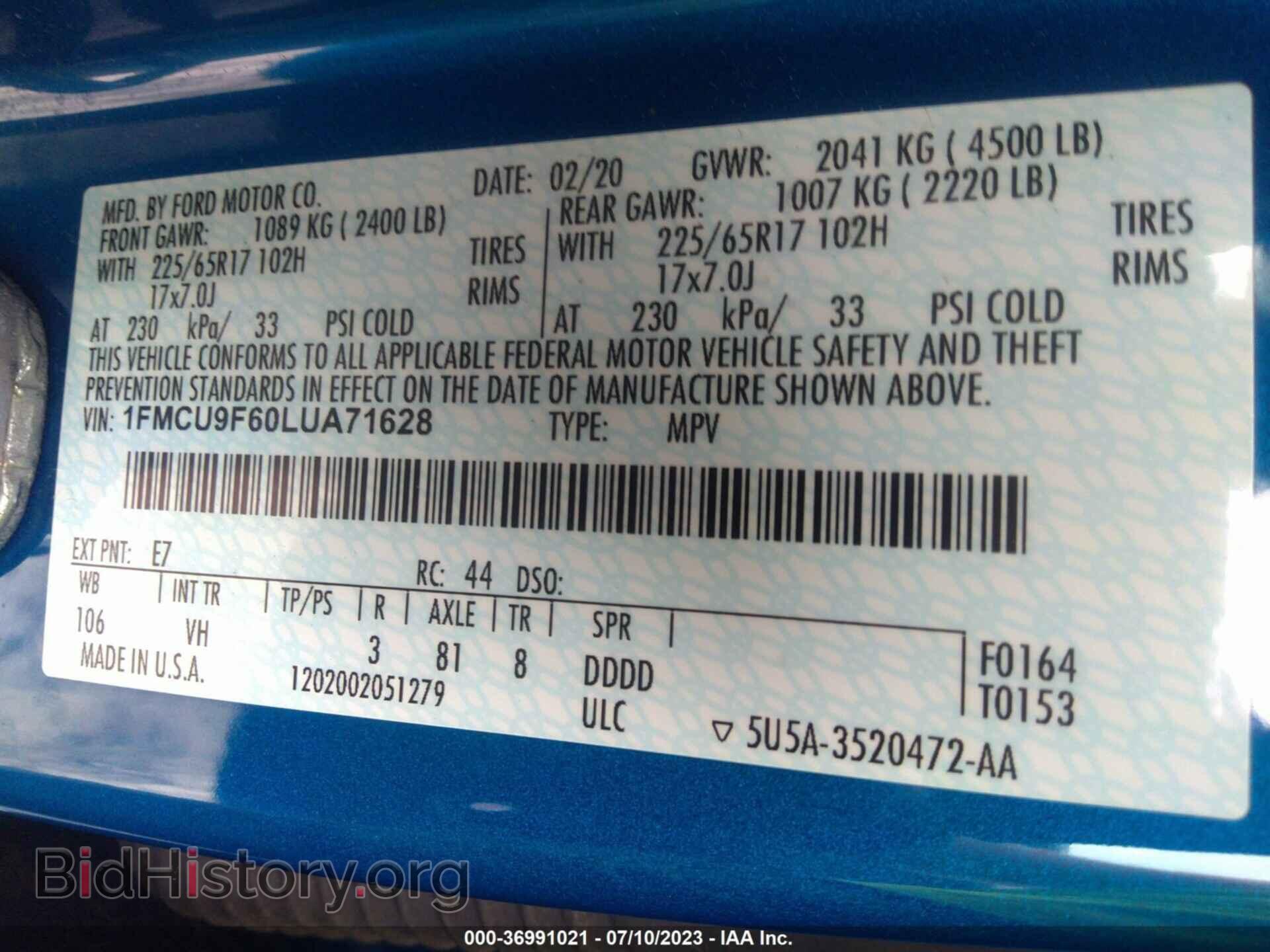 2020 FORD ESCAPE - VIN: 1FMCU9F60LUA71628 - Фото 9