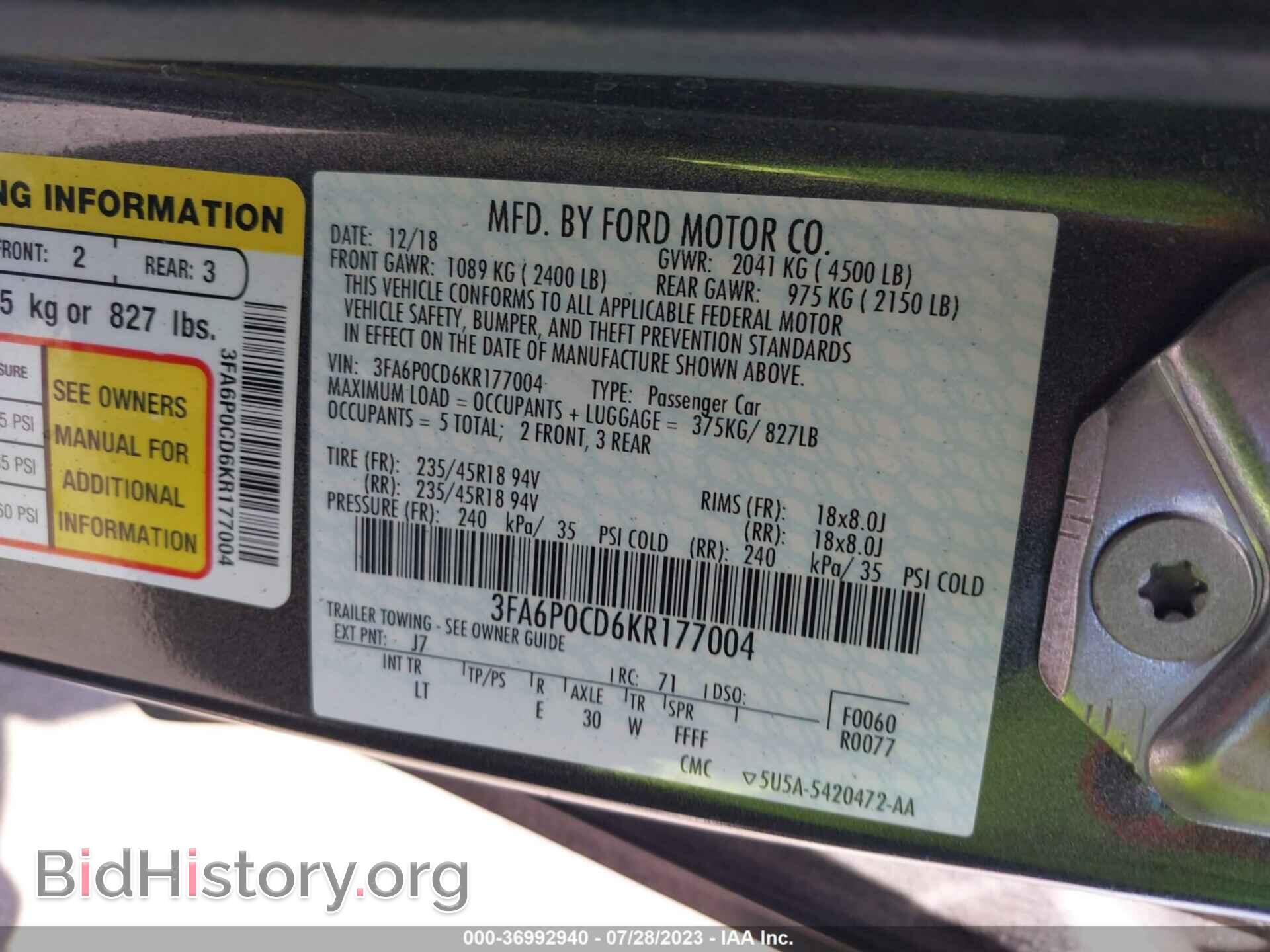 2019 FORD FUSION - VIN: 3FA6P0CD6KR177004 - Photo 9
