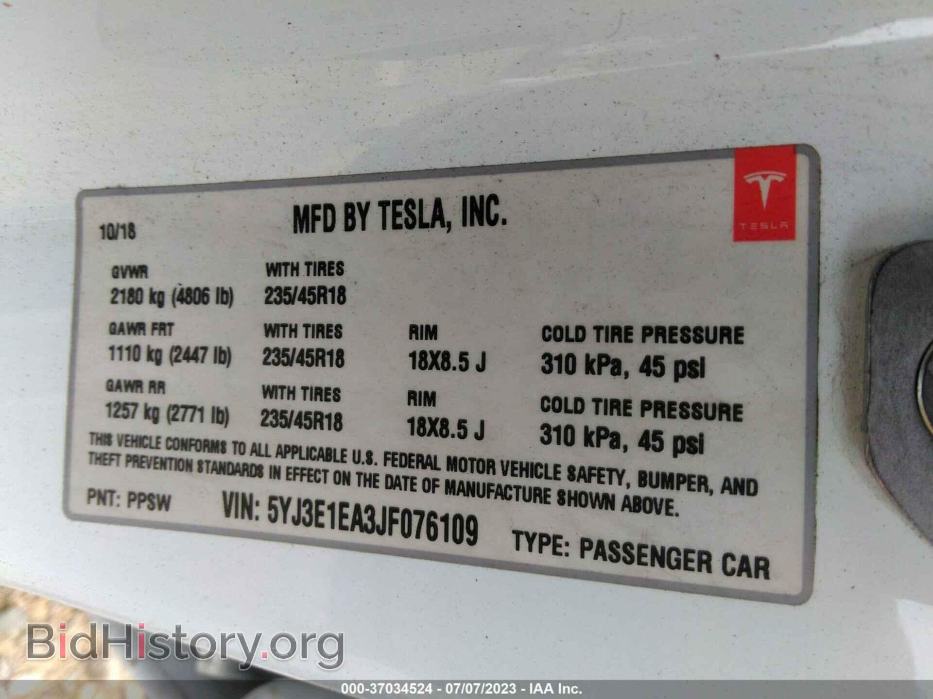 2018 TESLA MODEL 3 - VIN: 5YJ3E1EA3JF076109 - Фото 8