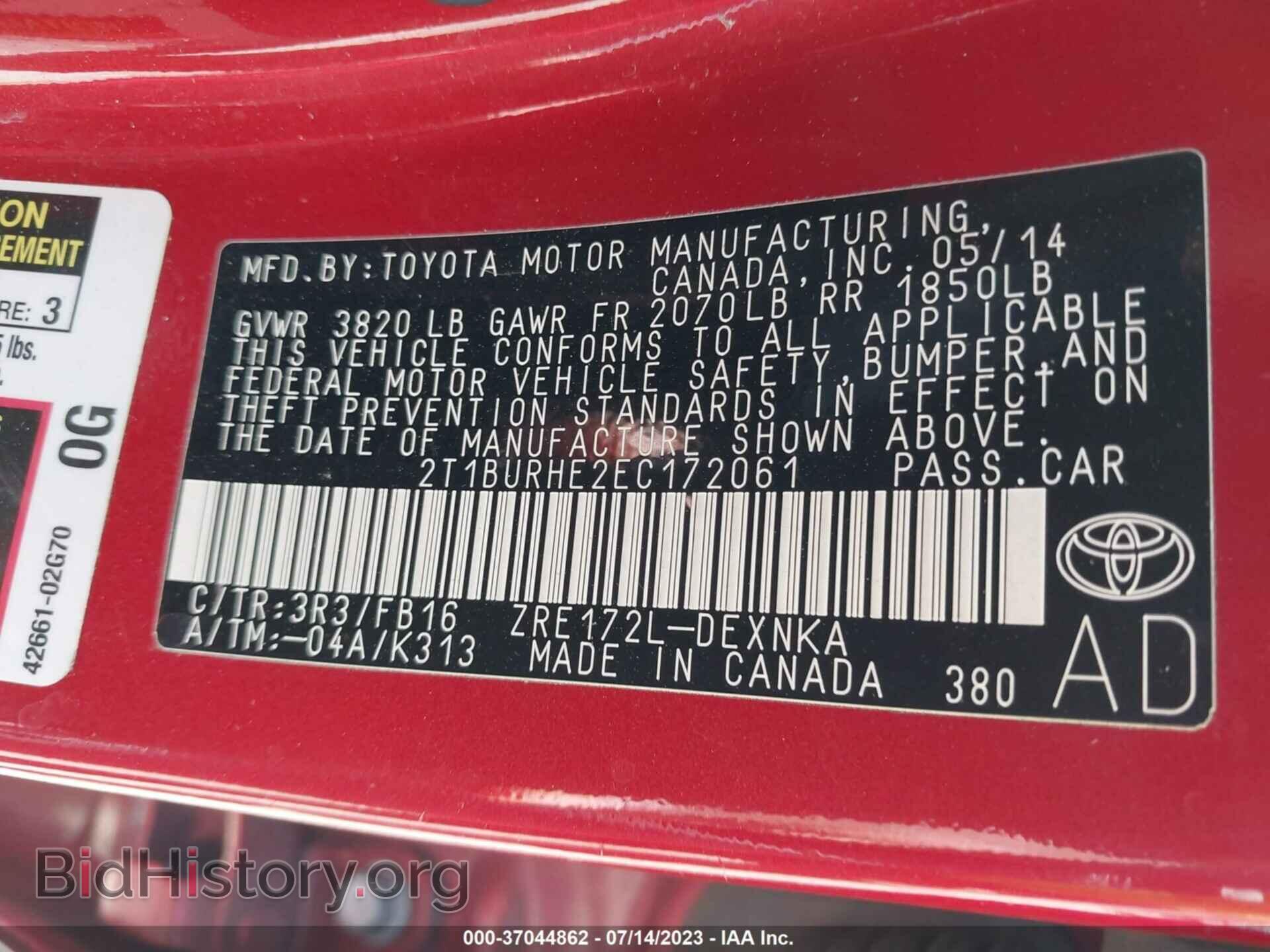 2014 TOYOTA COROLLA - VIN: 2T1BURHE2EC172061 - Фото 9