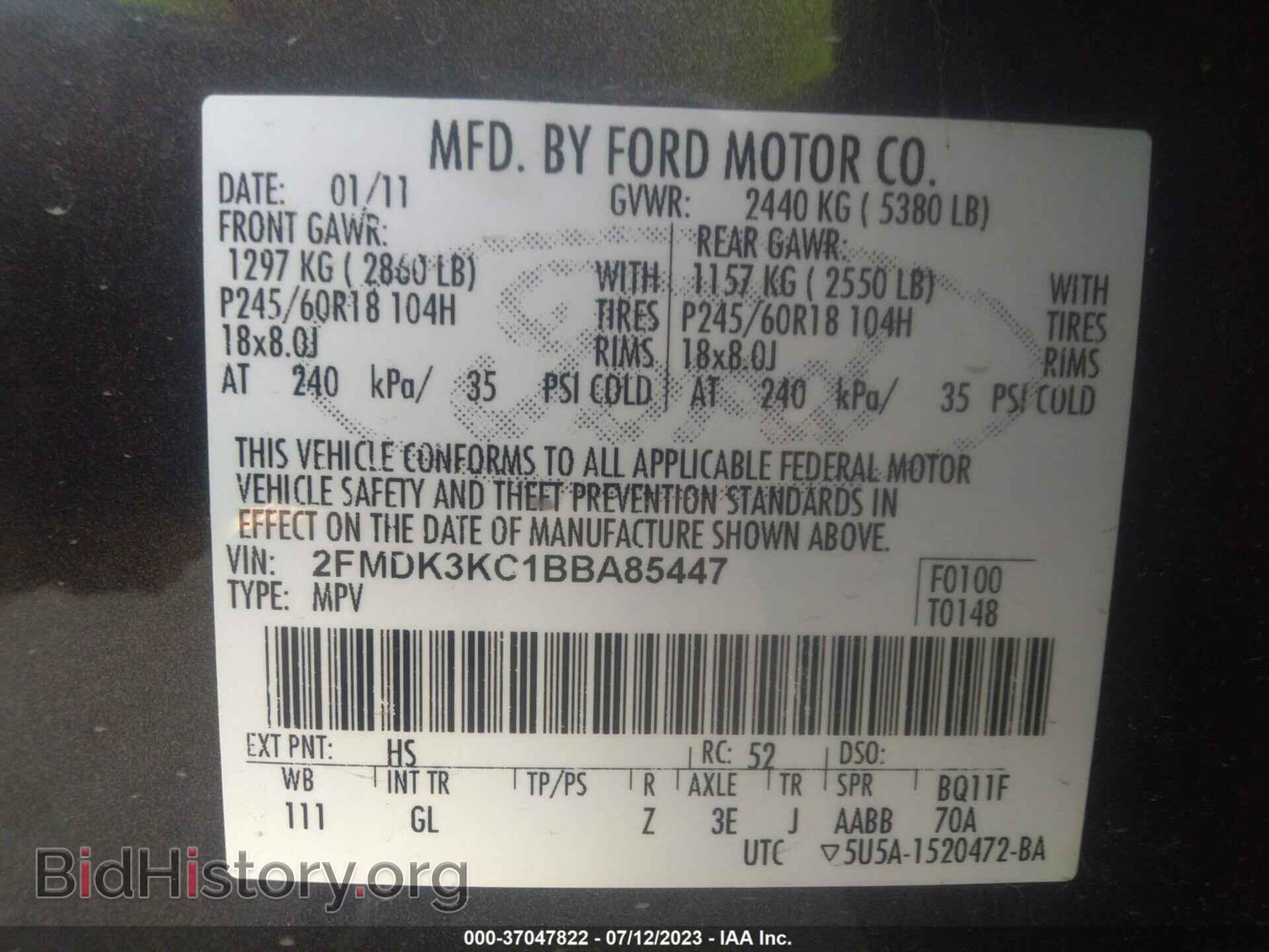 2011 FORD EDGE - VIN: 2FMDK3KC1BBA85447 - Фото 9