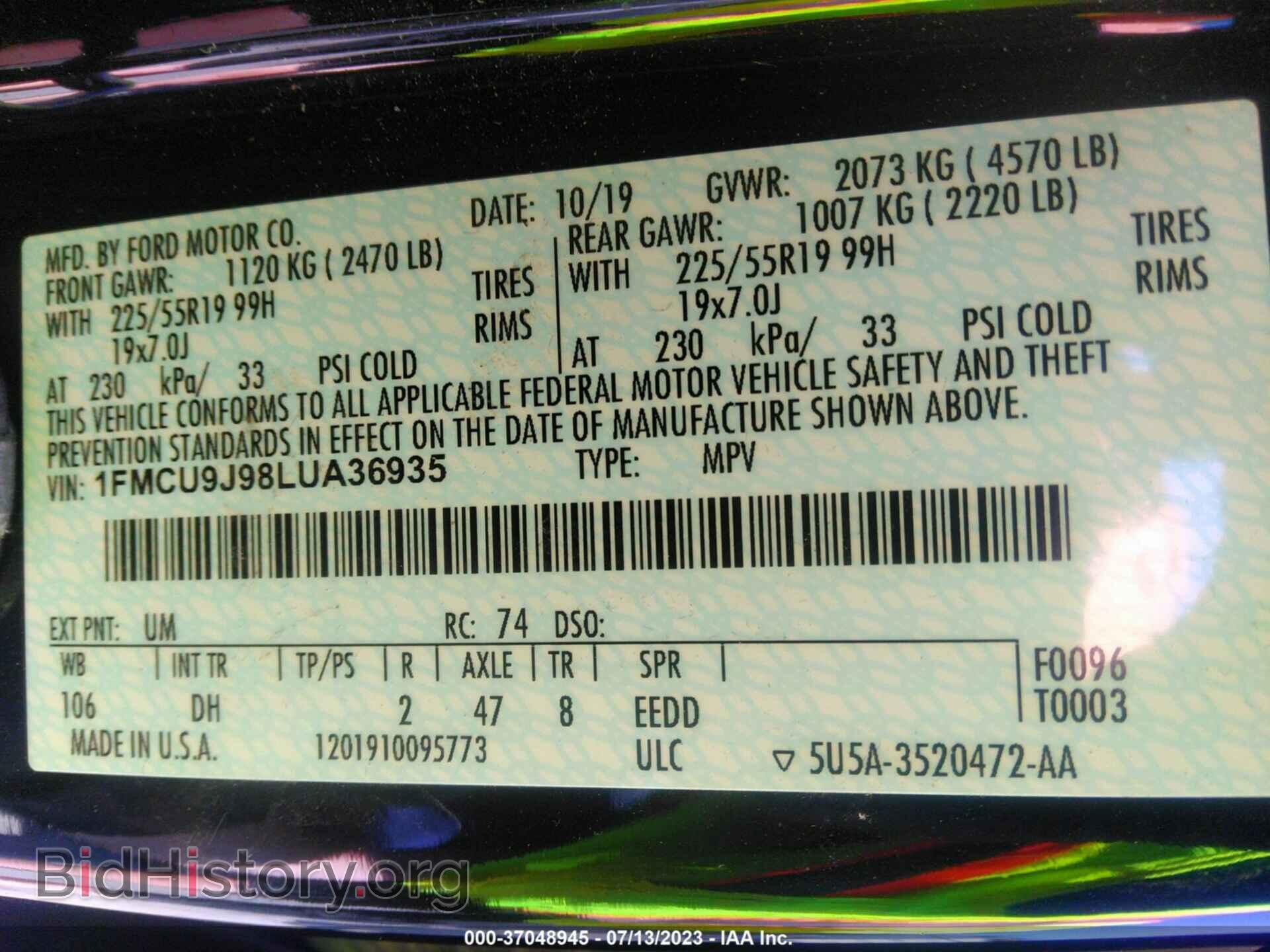 2020 FORD ESCAPE - VIN: 1FMCU9J98LUA36935 - Фото 9