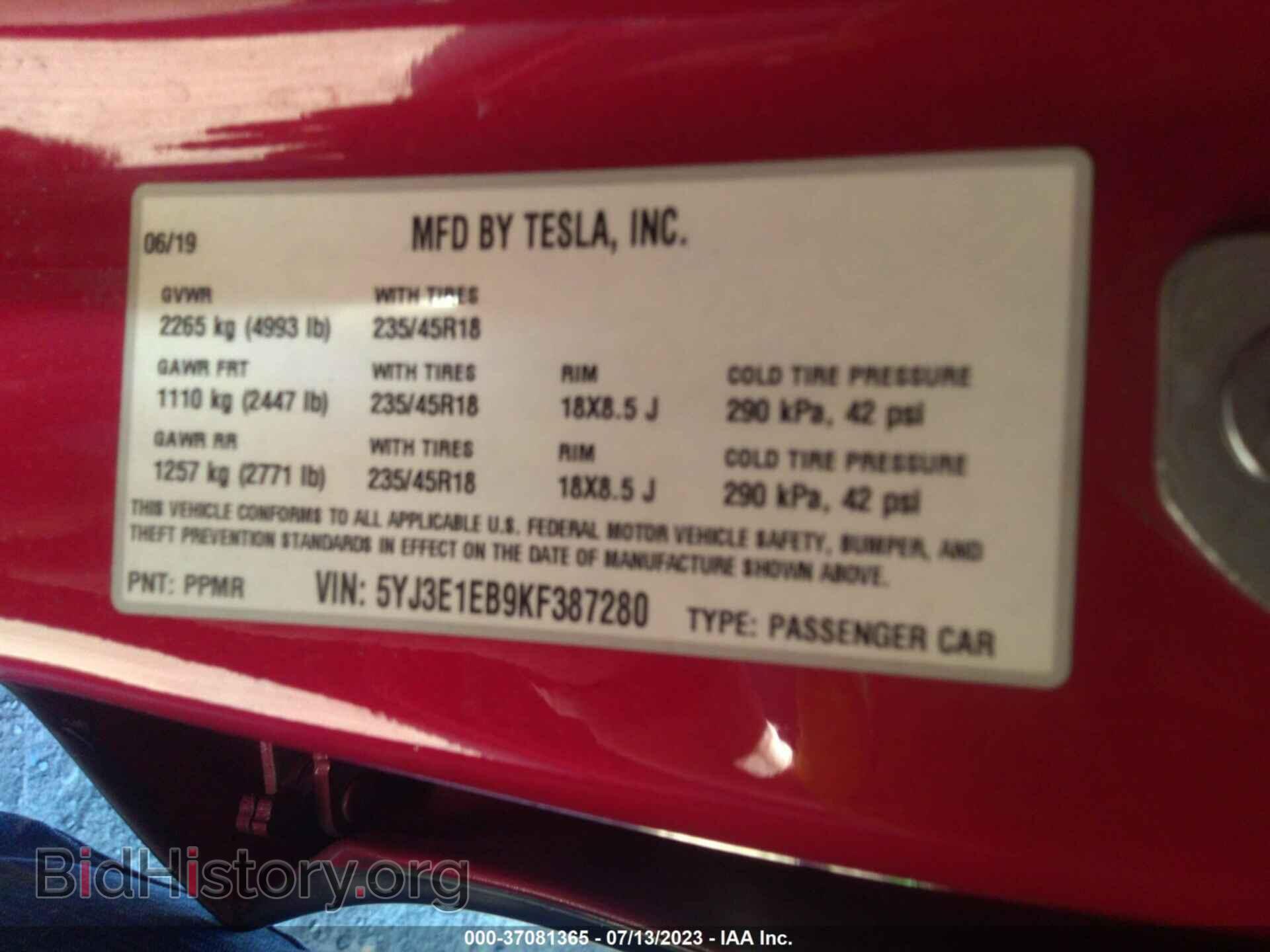 2019 TESLA MODEL 3 - VIN: 5YJ3E1EB9KF387280 - Фото 9