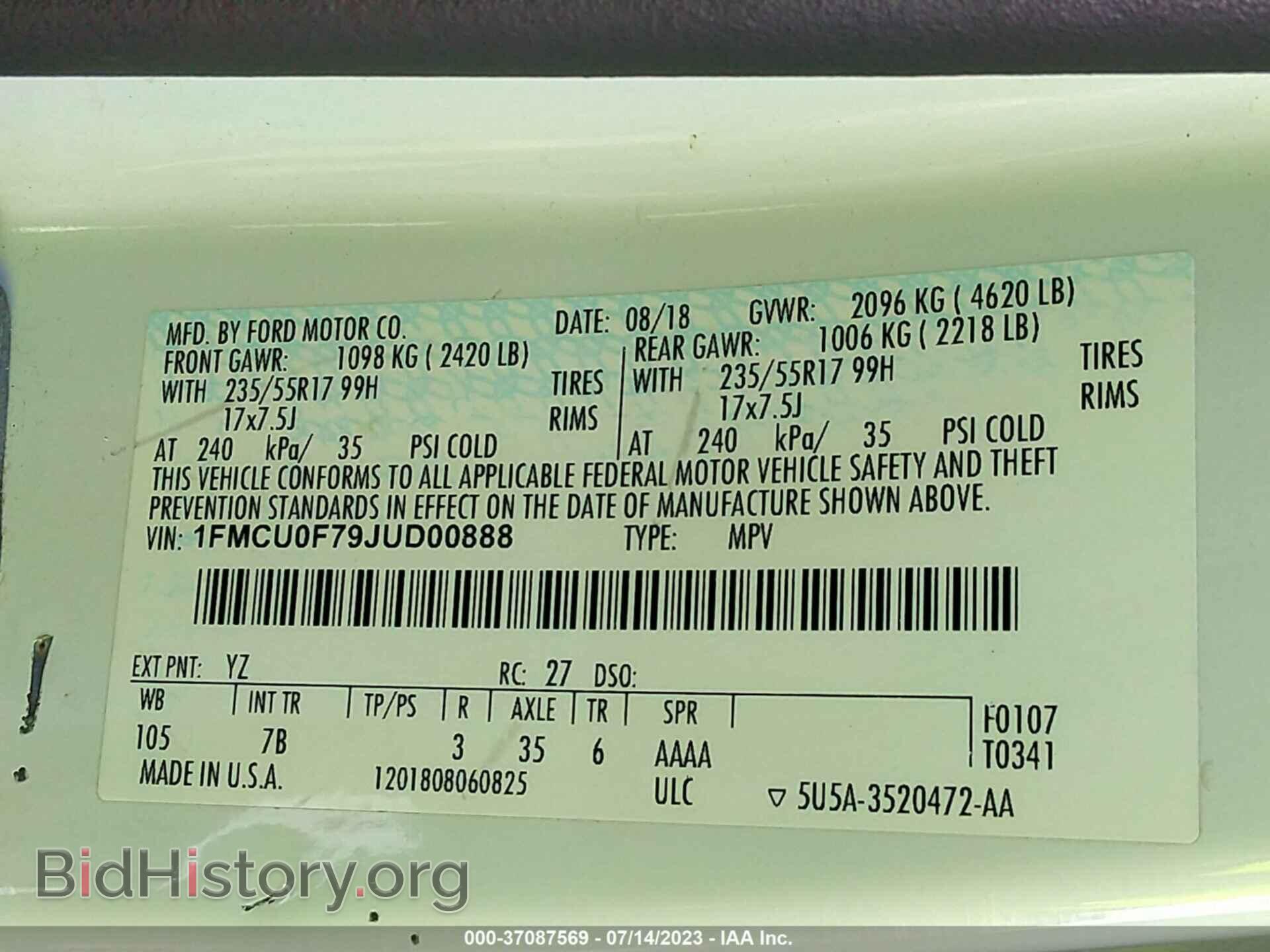 2018 FORD ESCAPE - VIN: 1FMCU0F79JUD00888 - Photo 9