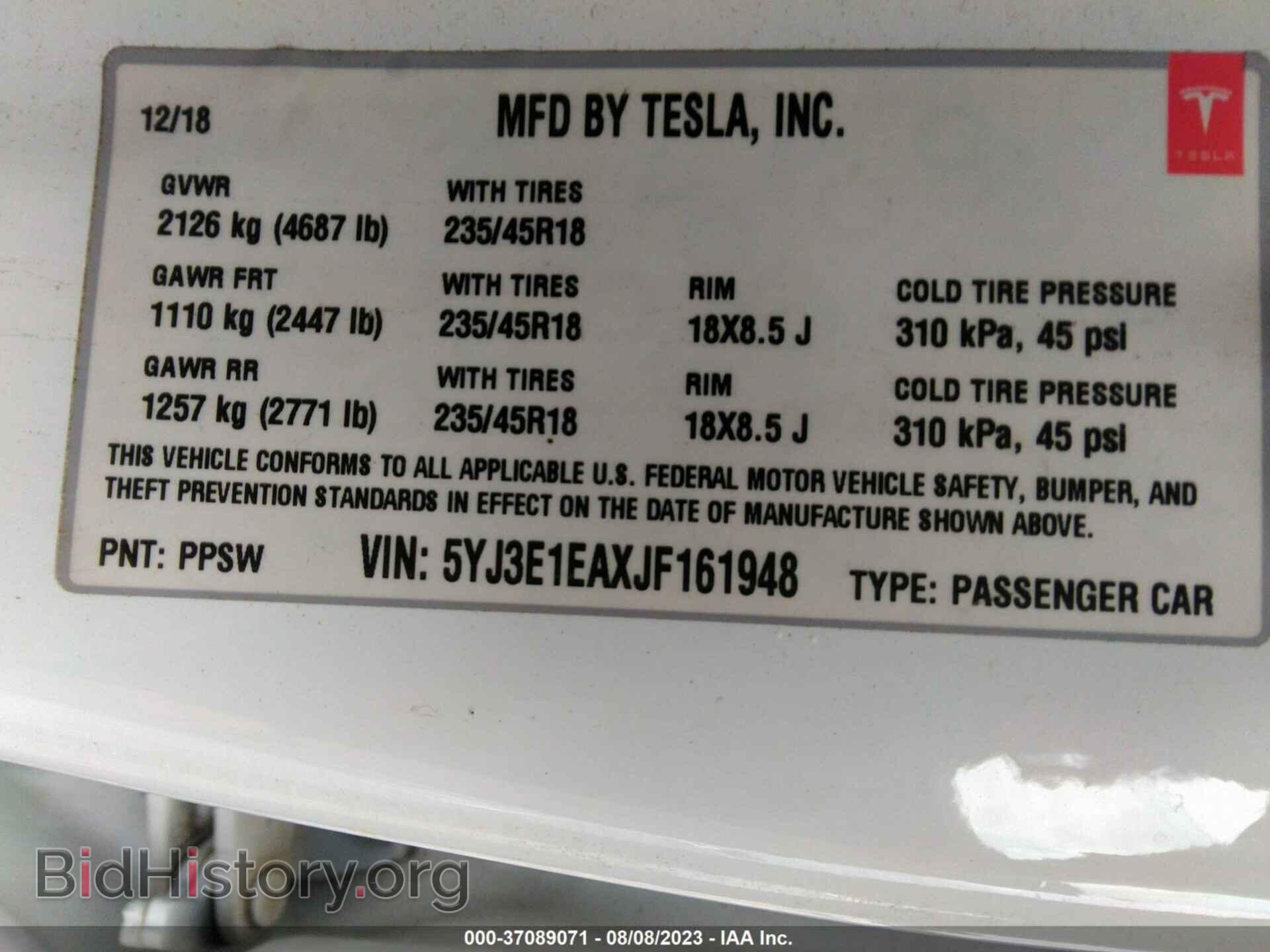 2018 TESLA MODEL 3 - VIN: 5YJ3E1EAXJF161948 - Фото 9