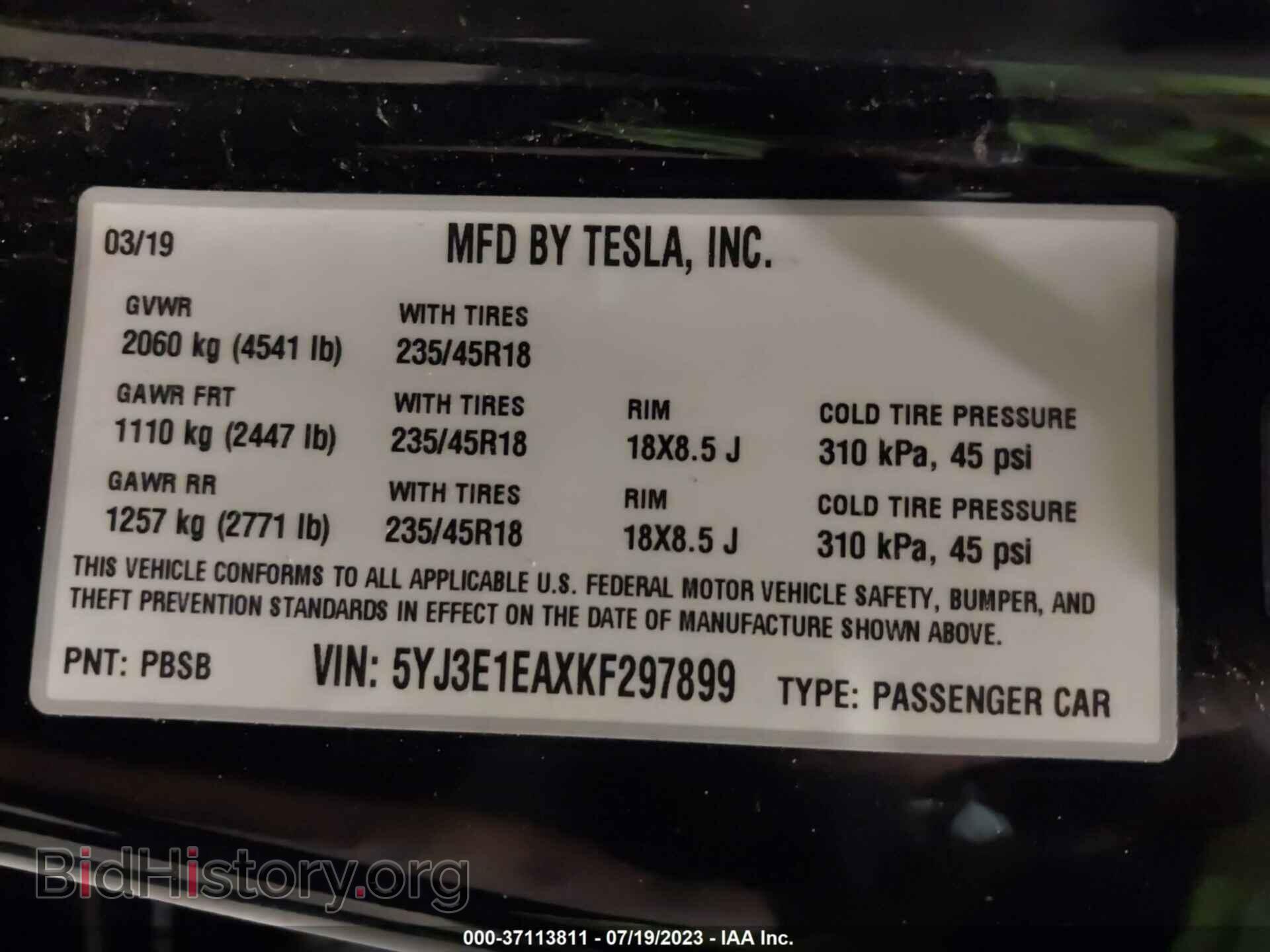 2019 TESLA MODEL 3 - VIN: 5YJ3E1EAXKF297899 - Фото 9