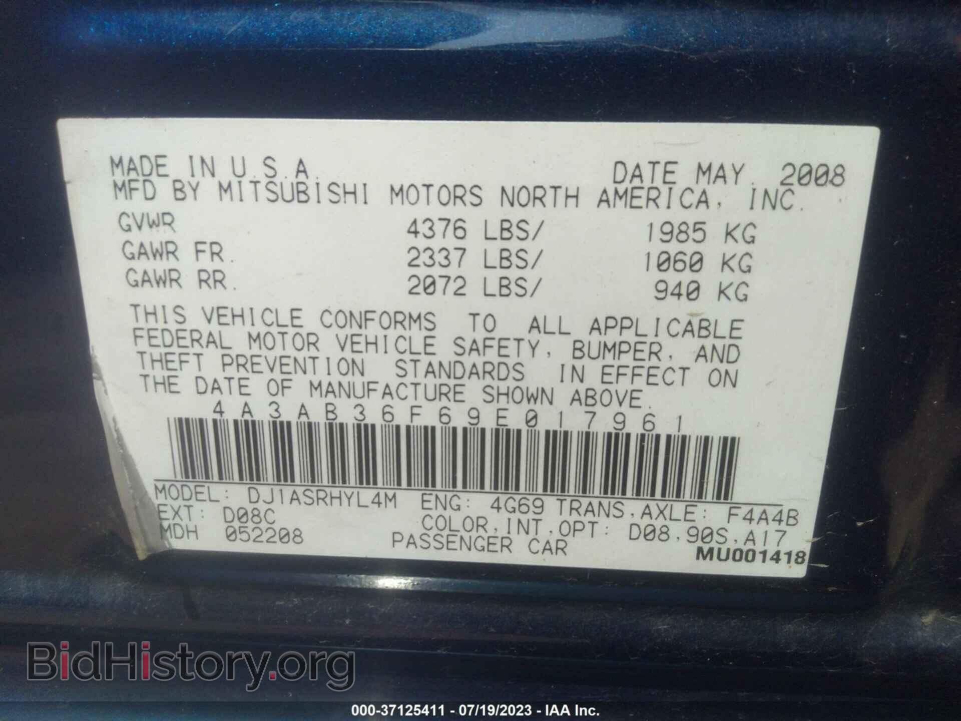 2009 MITSUBISHI GALANT - VIN: 4A3AB36F69E017961 - Фото 9