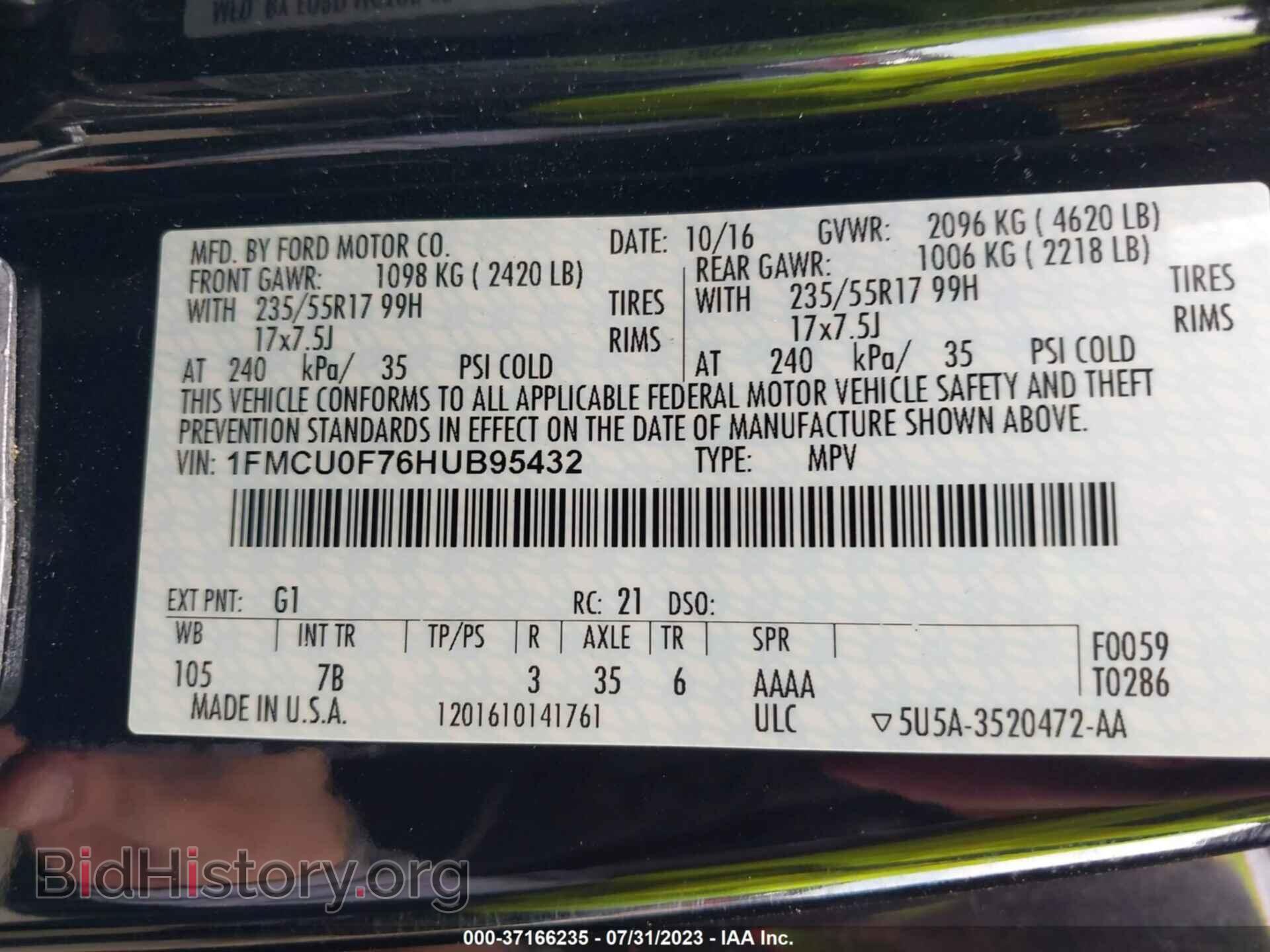 2017 FORD ESCAPE - VIN: 1FMCU0F76HUB95432 - Фото 9
