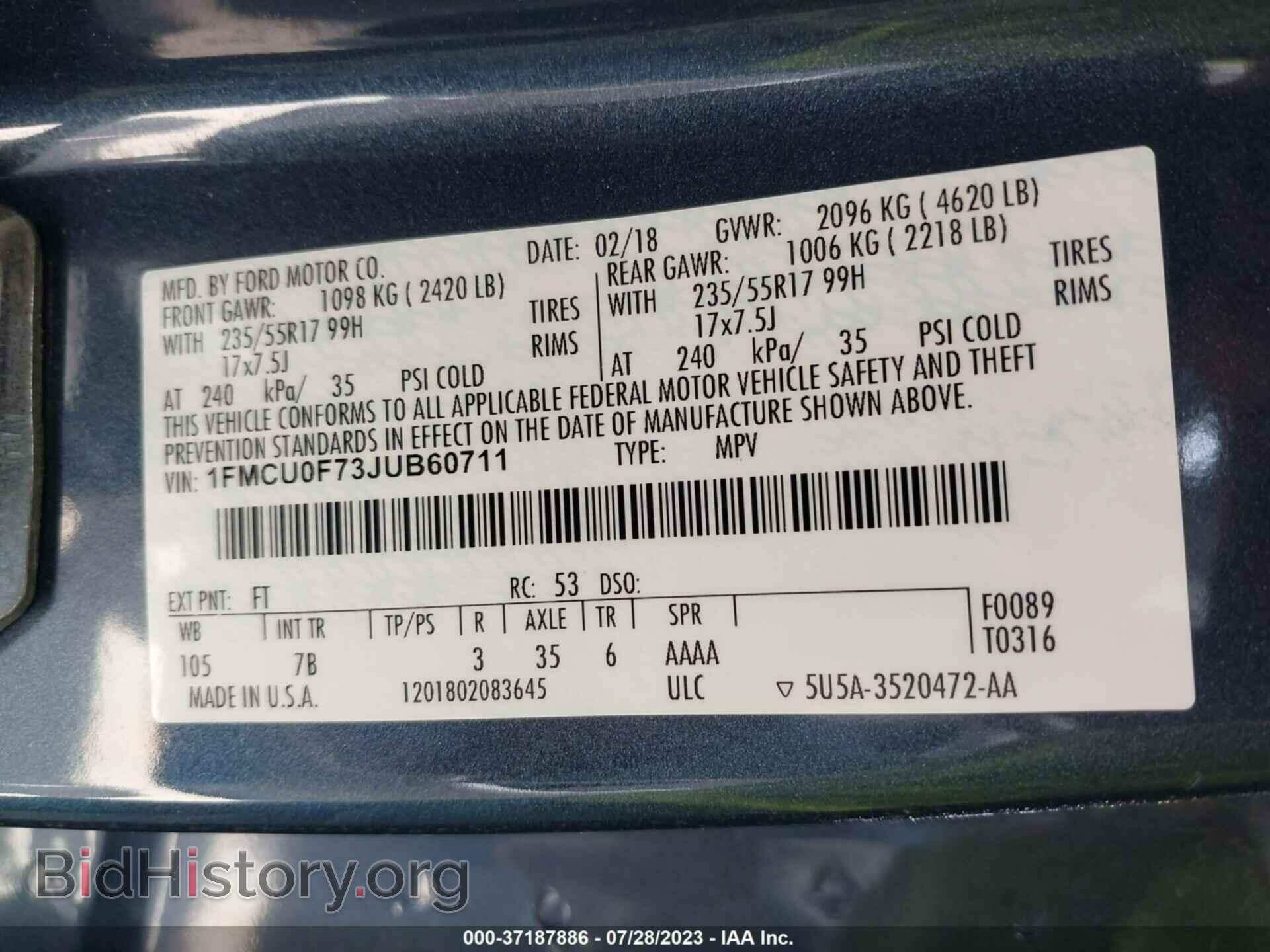 2018 FORD ESCAPE - VIN: 1FMCU0F73JUB60711 - Фото 9
