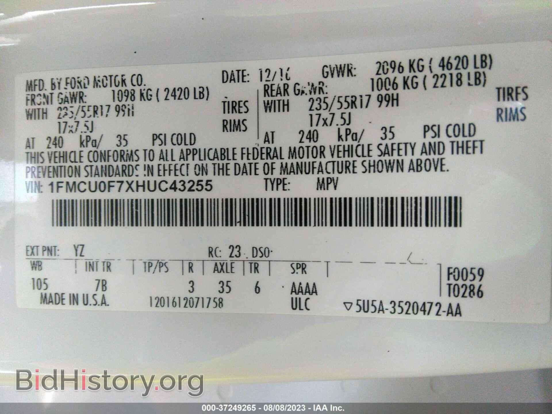 2017 FORD ESCAPE - VIN: 1FMCU0F7XHUC43255 - Photo 9