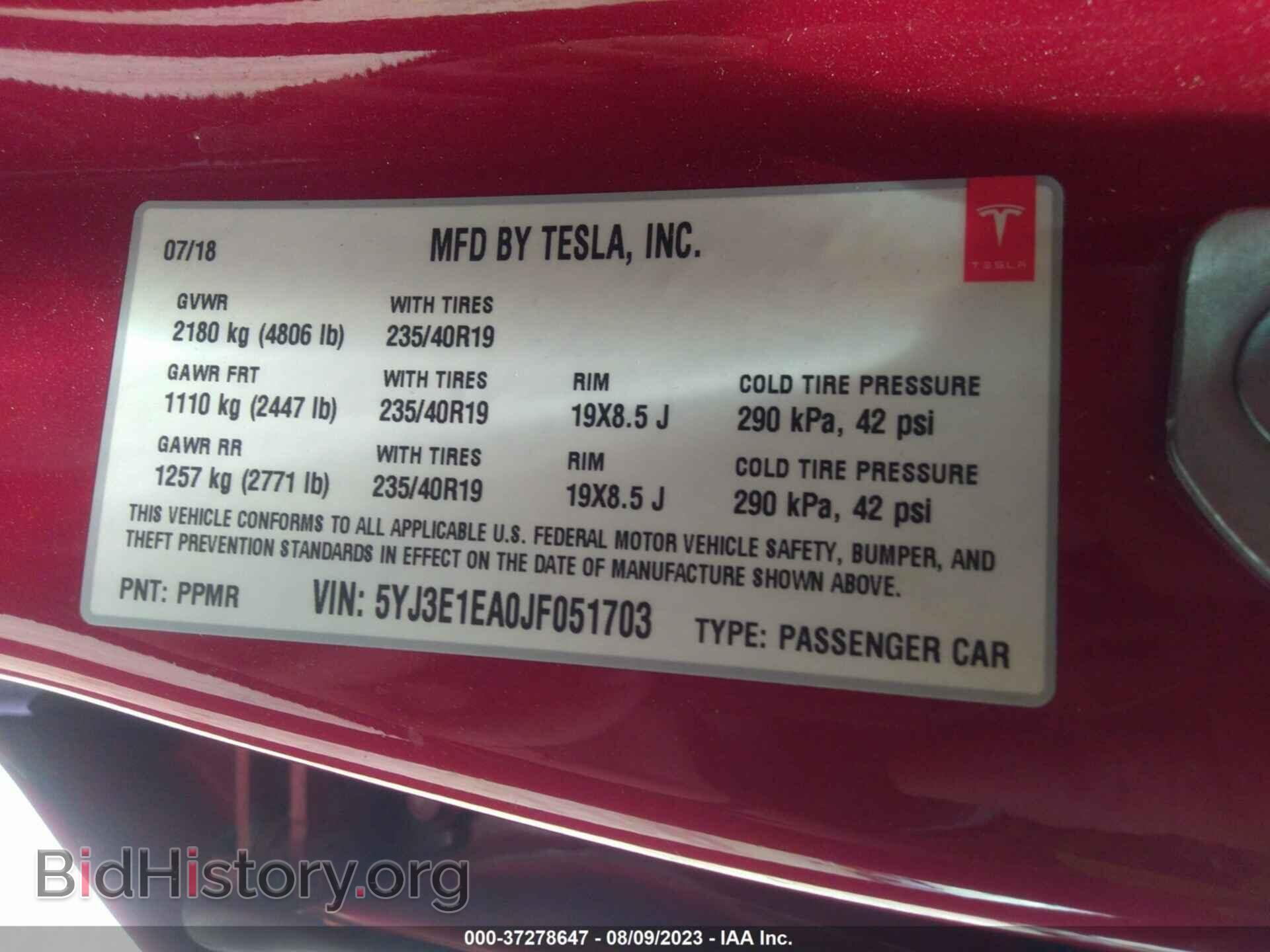 2018 TESLA MODEL 3 - VIN: 5YJ3E1EA0JF051703 - Фото 9