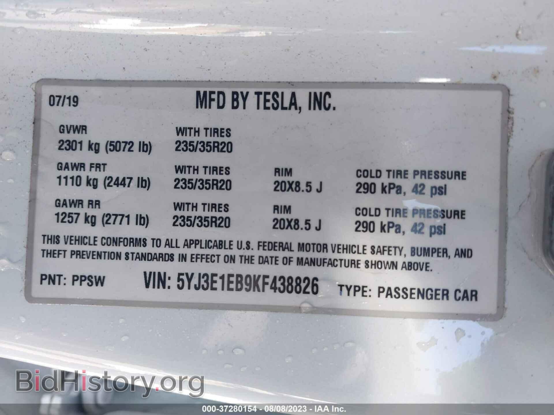 2019 TESLA MODEL 3 - VIN: 5YJ3E1EB9KF438826 - Фото 9