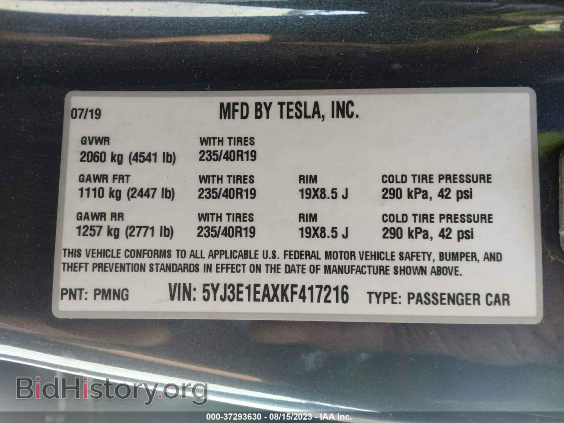 2019 TESLA MODEL 3 - VIN: 5YJ3E1EAXKF417216 - Фото 9