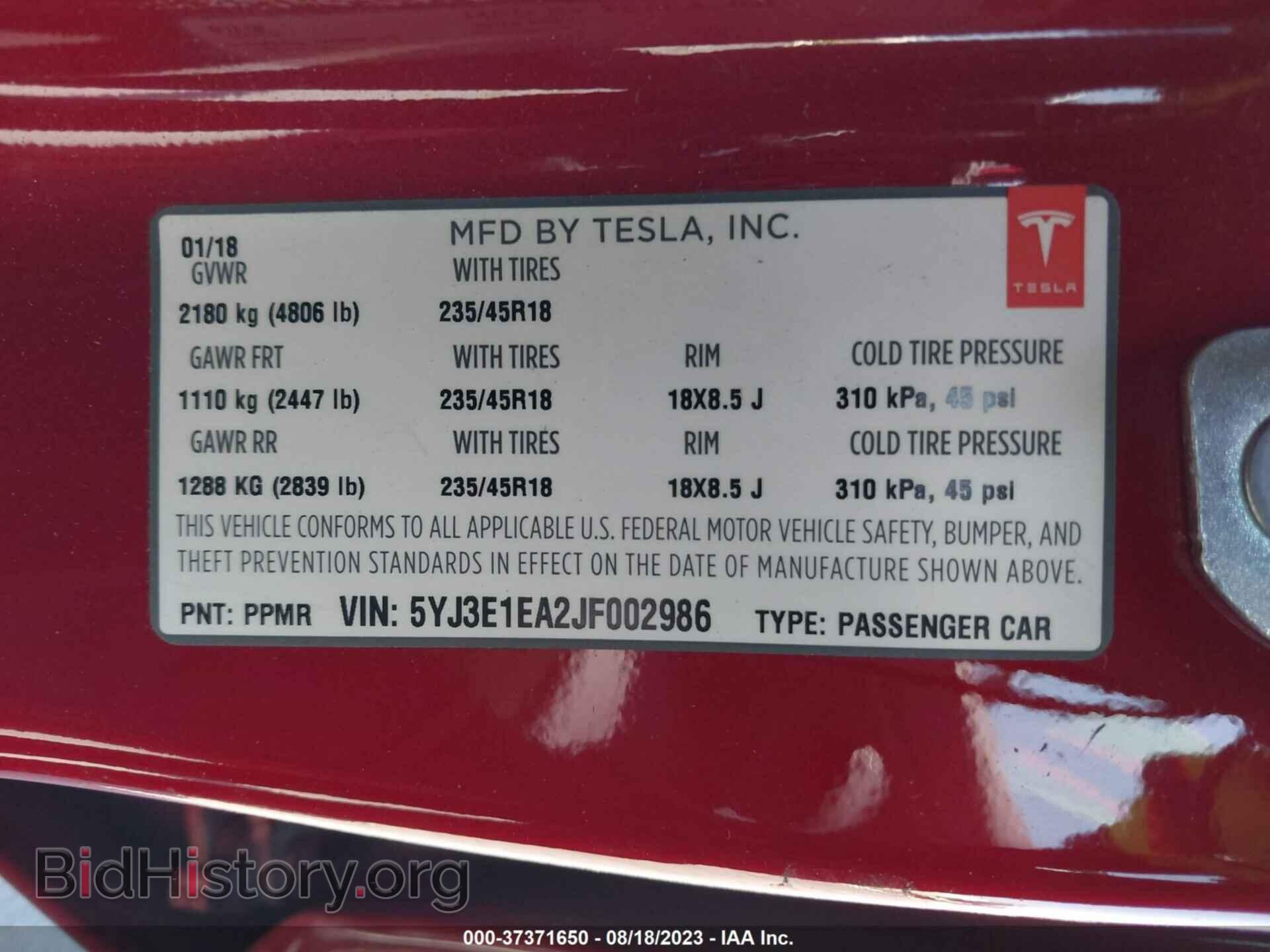 2018 TESLA MODEL 3 - VIN: 5YJ3E1EA2JF002986 - Фото 9