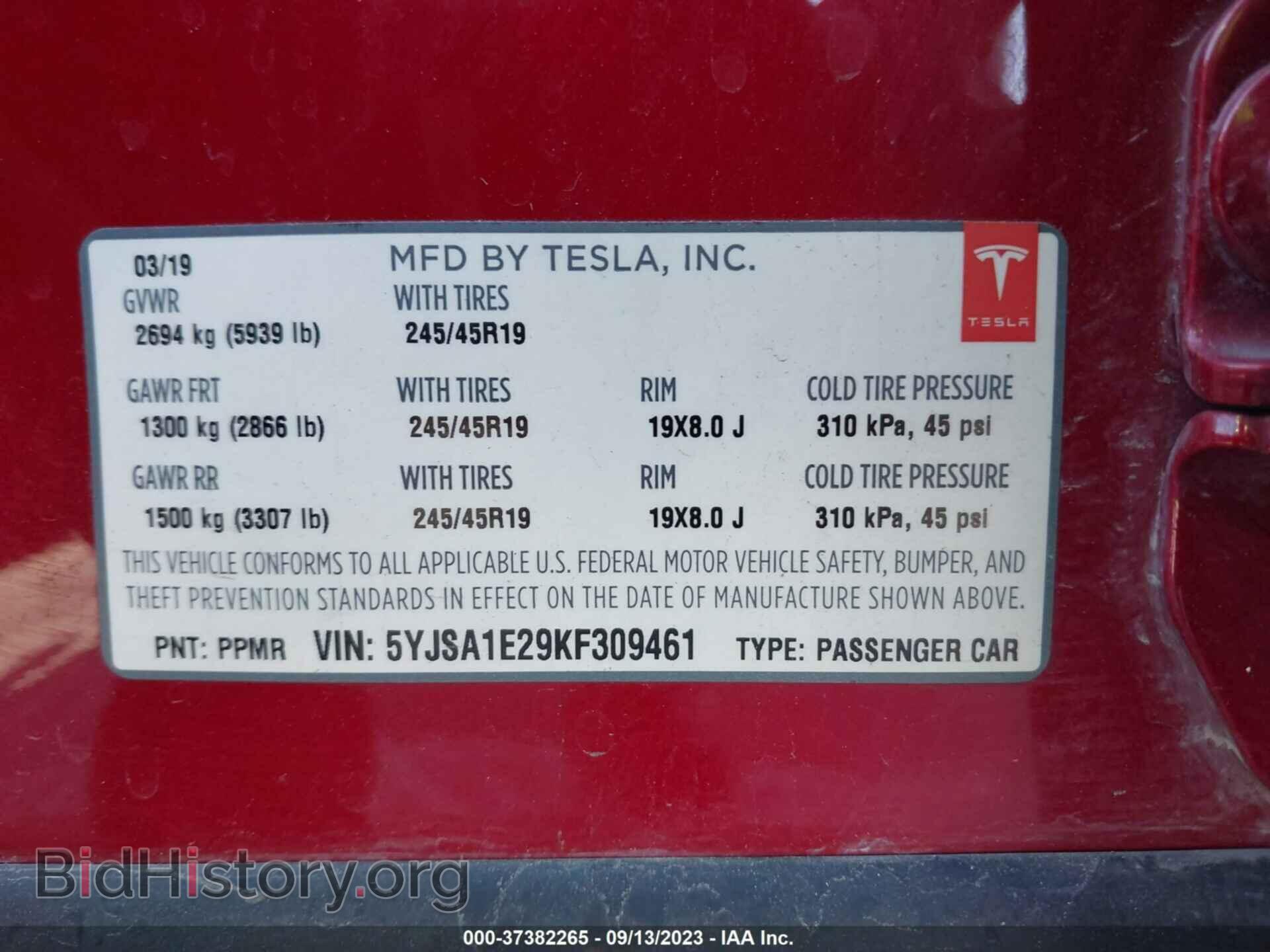 2019 TESLA MODEL S - VIN: 5YJSA1E29KF309461 - Фото 9
