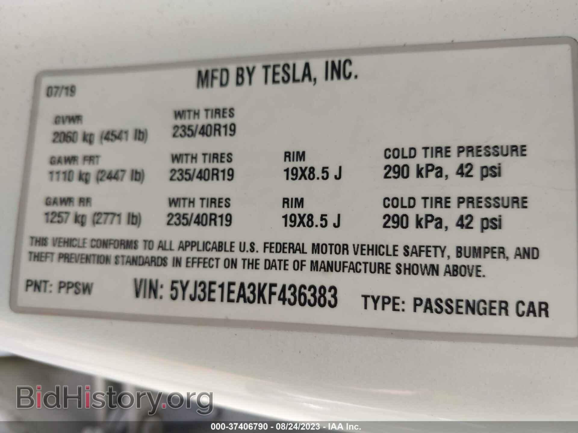 2019 TESLA MODEL 3 - VIN: 5YJ3E1EA3KF436383 - Фото 9