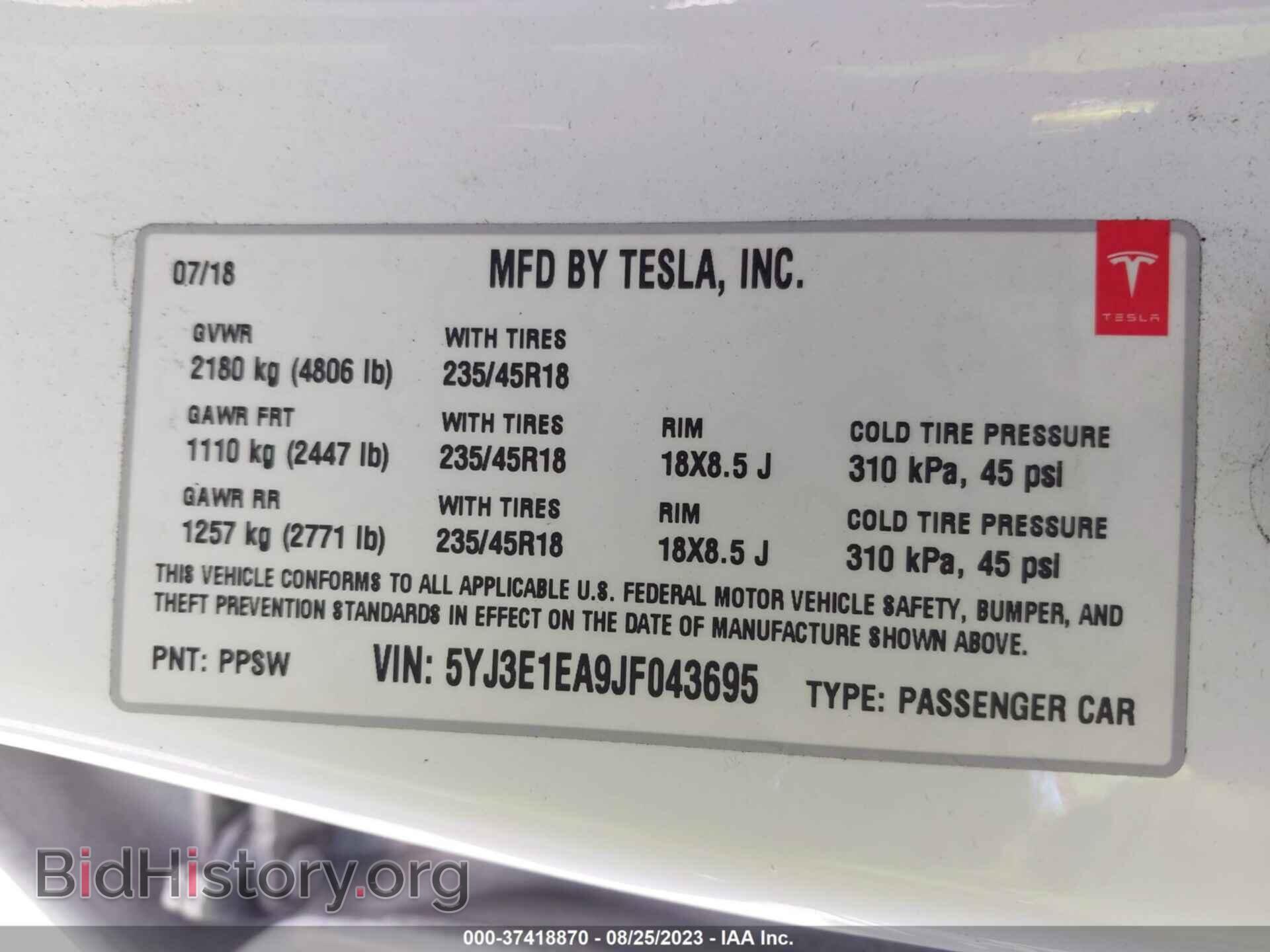 2018 TESLA MODEL 3 - VIN: 5YJ3E1EA9JF043695 - Фото 9