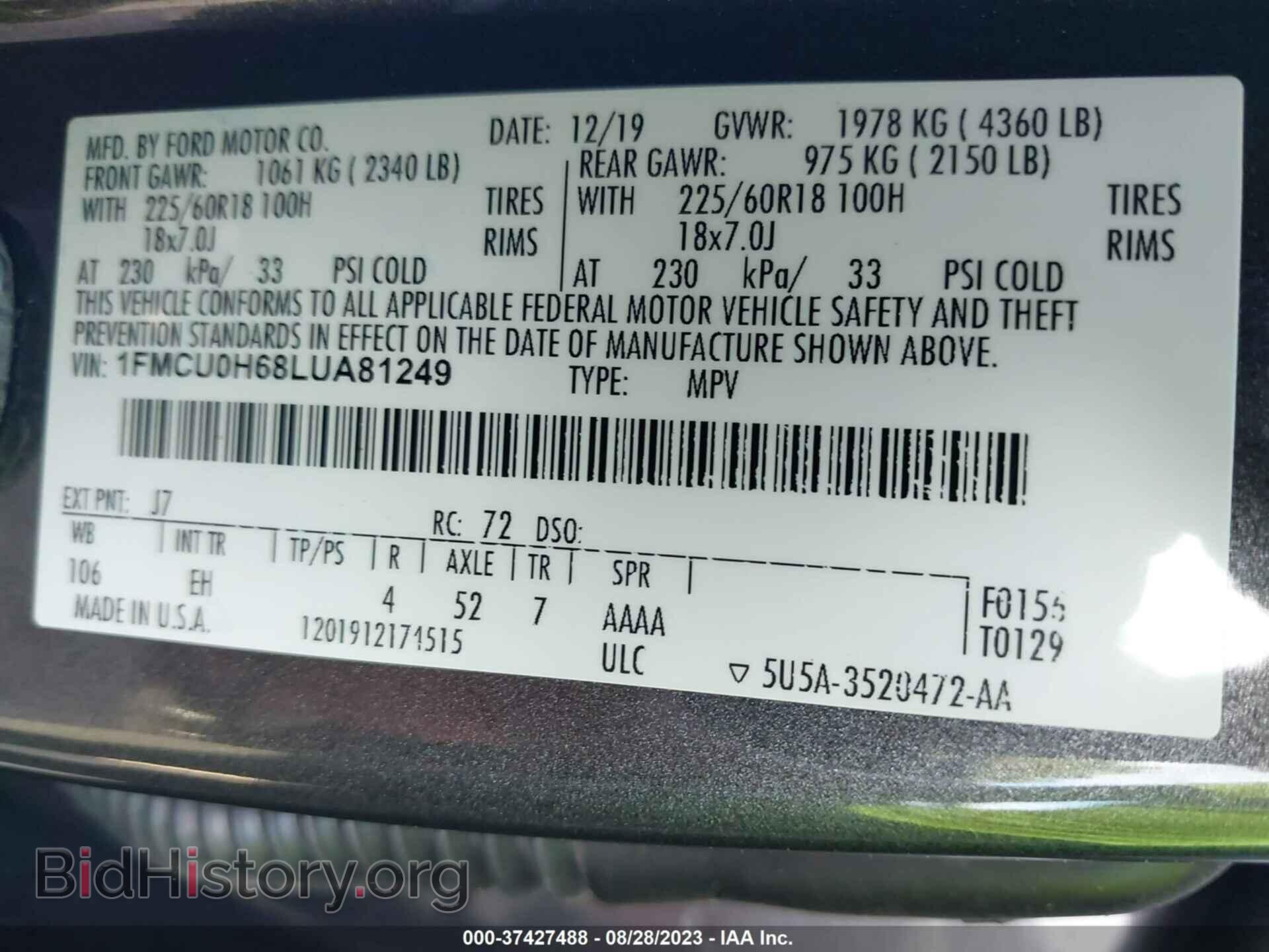 2020 FORD ESCAPE - VIN: 1FMCU0H68LUA81249 - Фото 9