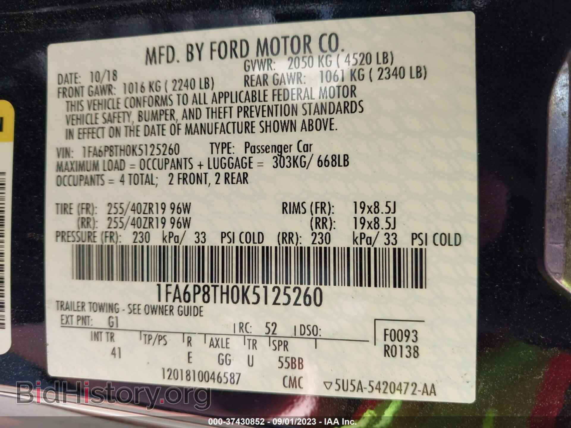 2019 FORD MUSTANG - VIN: 1FA6P8TH0K5125260 - Фото 9