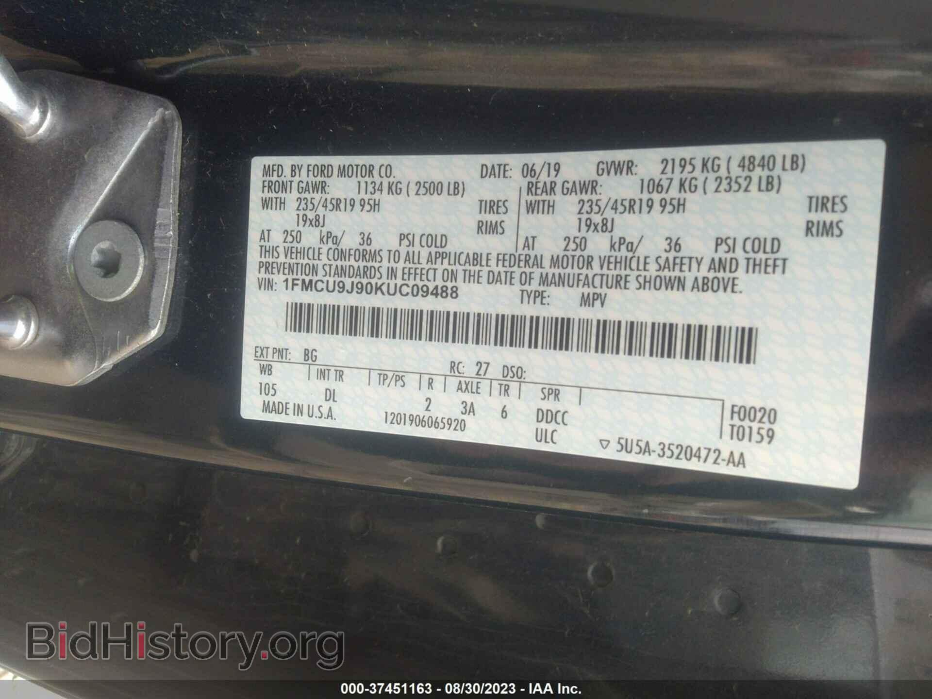 2019 FORD ESCAPE - VIN: 1FMCU9J90KUC09488 - Фото 9