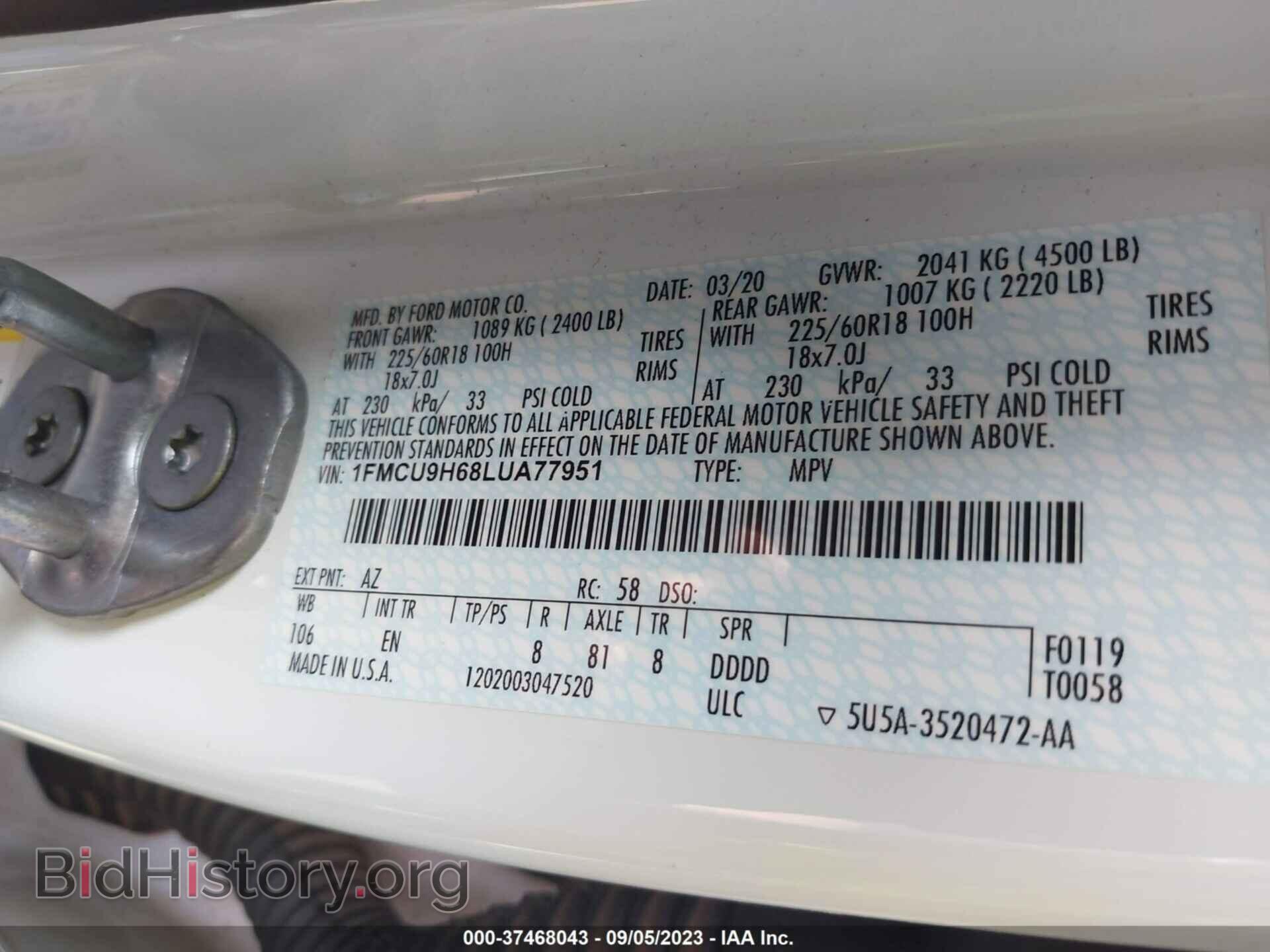 2020 FORD ESCAPE - VIN: 1FMCU9H68LUA77951 - Фото 9