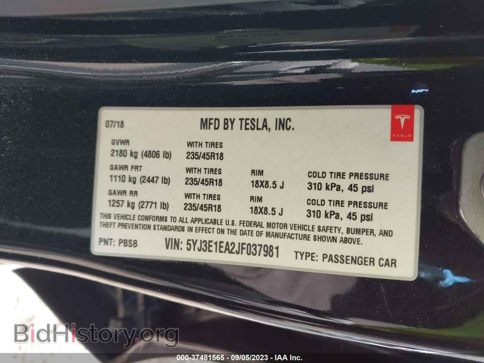 2018 TESLA MODEL 3 - VIN: 5YJ3E1EA2JF037981 - Фото 9