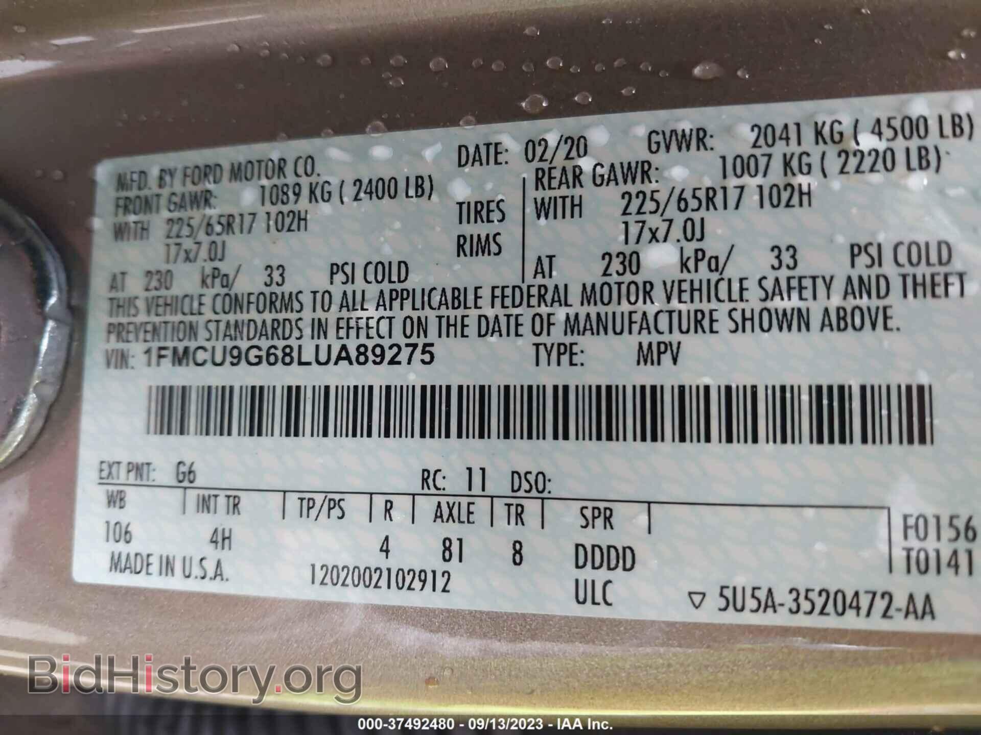 2020 FORD ESCAPE - VIN: 1FMCU9G68LUA89275 - Фото 9