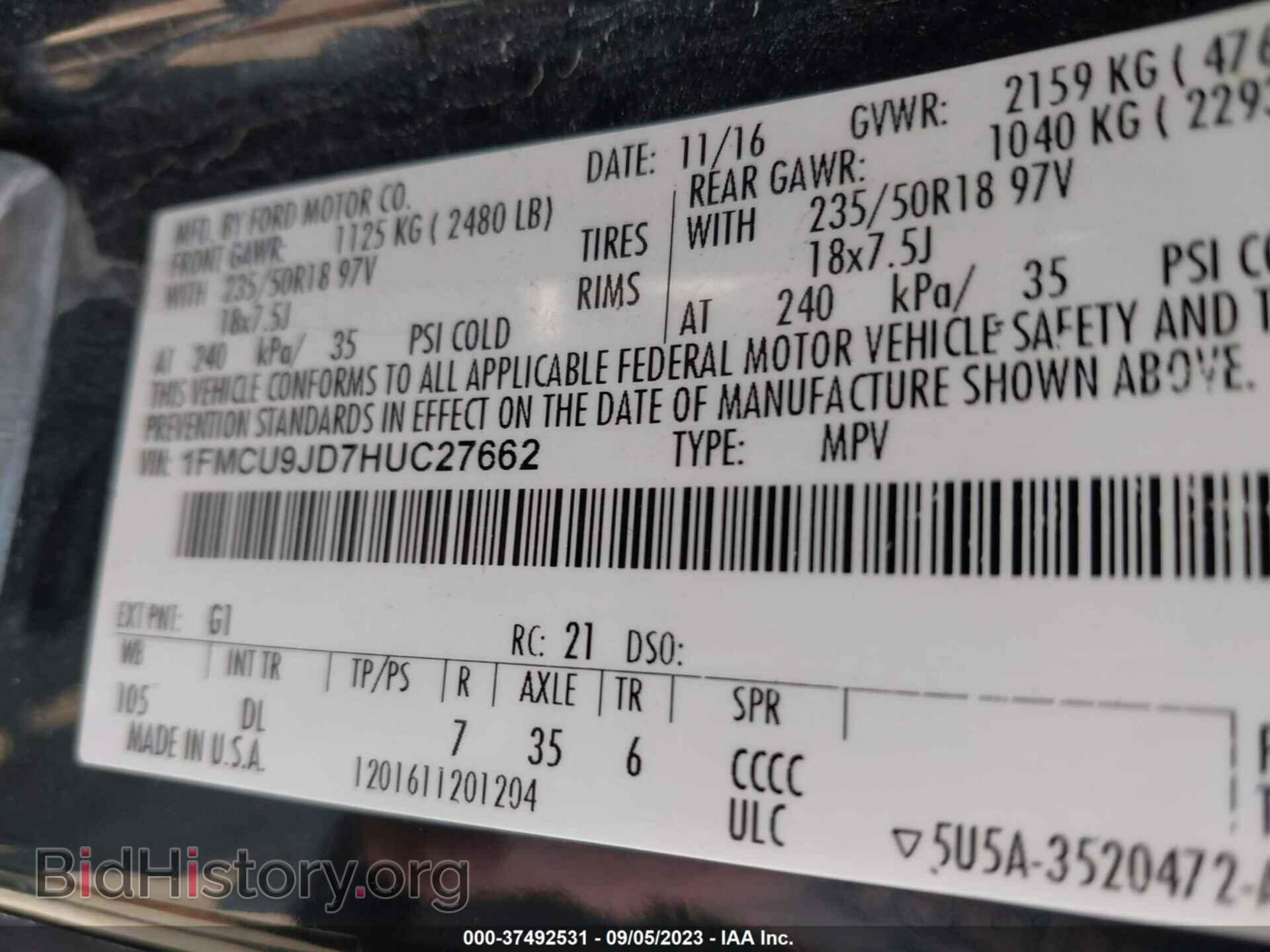2017 FORD ESCAPE - VIN: 1FMCU9JD7HUC27662 - Photo 9