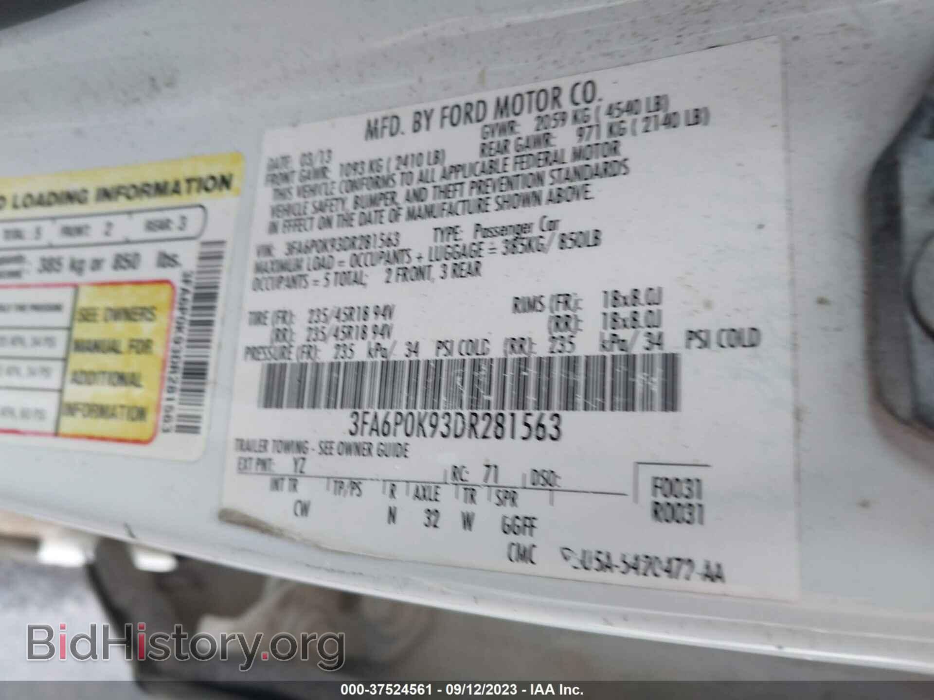 2013 FORD FUSION - VIN: 3FA6P0K93DR281563 - Фото 9