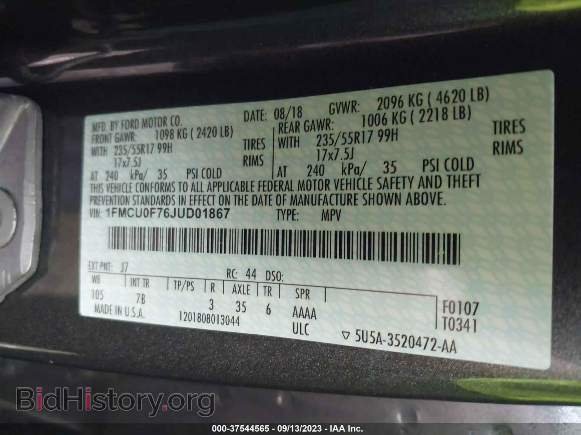 2018 FORD ESCAPE - VIN: 1FMCU0F76JUD01867 - Фото 9